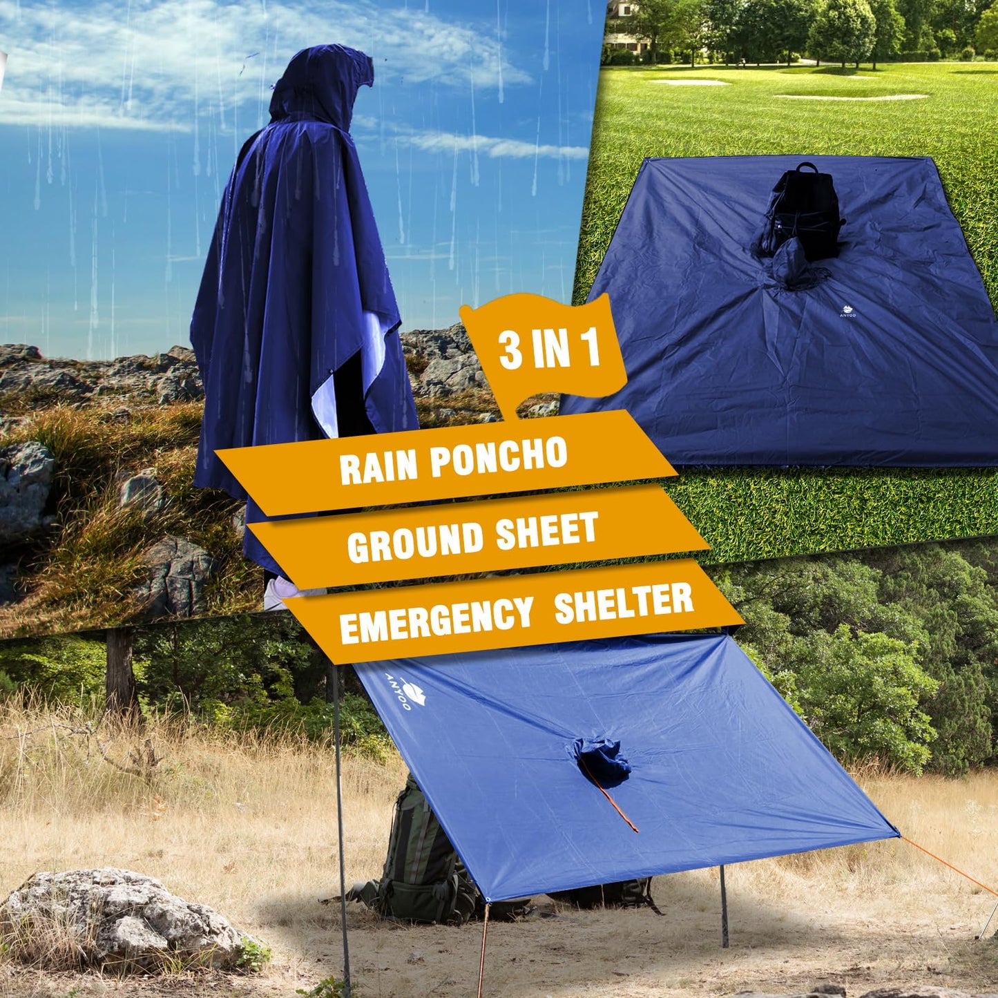 ANYOO Hooded Rain Poncho for Adults Waterproof Lightweight Rain Coat for Men Women Reusable Rain Jacket for Emergency Outdoor