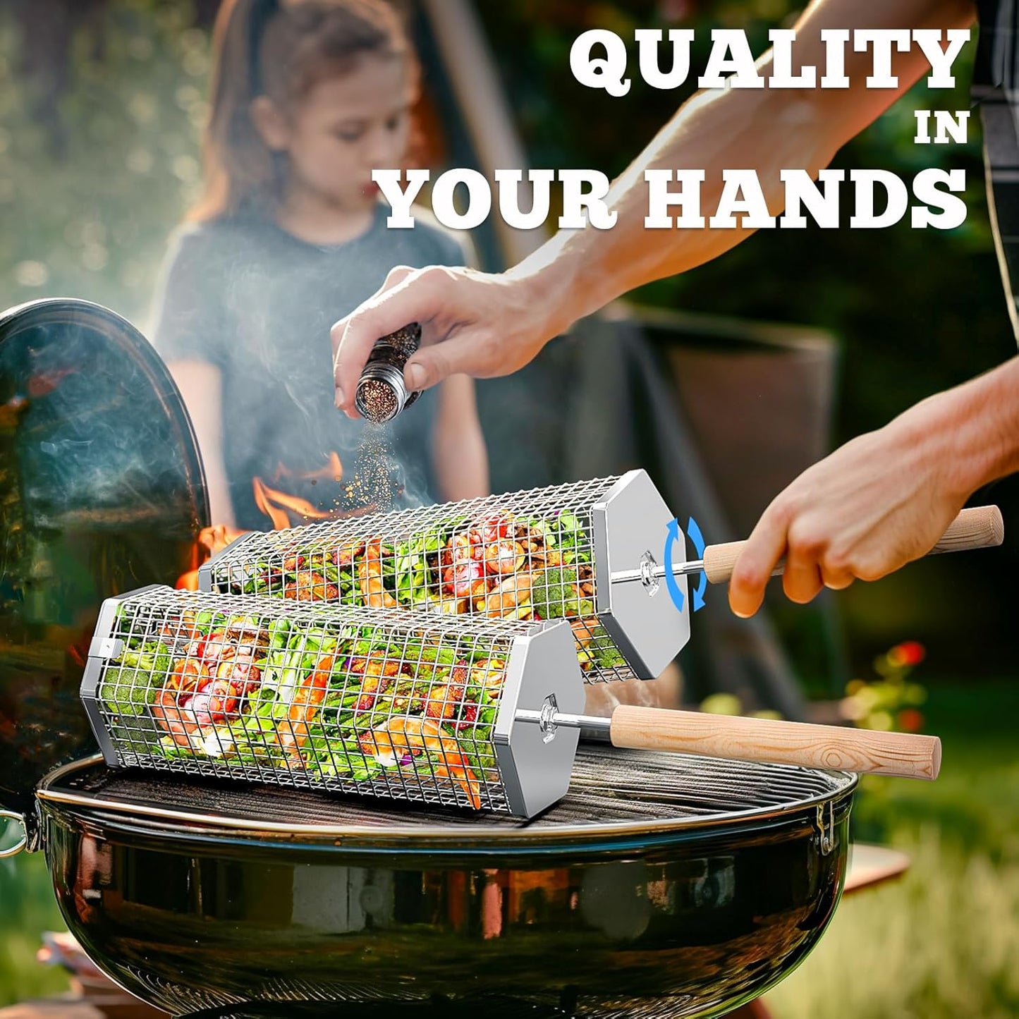 Rolling Grill Baskets(2PCS, Hexagon), Removable Wooden Handle, 304 Stainless Steel, Nesting Grilling Net, BBQ Accessories Tools for Vegetables Shrimp, Outdoor Cooking Camping, Birthday Gifts for Men Dad Husband