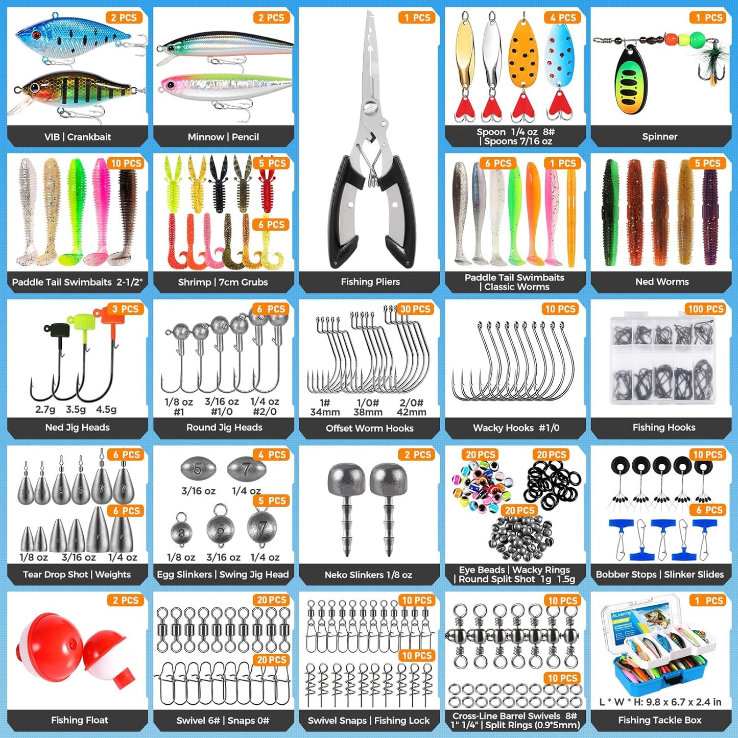 PLUSINNO Fishing Tackle Box with Tackle Included, 373PCS Fishing Lures Kit with Removable Tray, Fishing Gear with Pliers, Weights, Hooks, Accessories, Fishing Tackle Lure Kit Gifts for Men Bass Trout