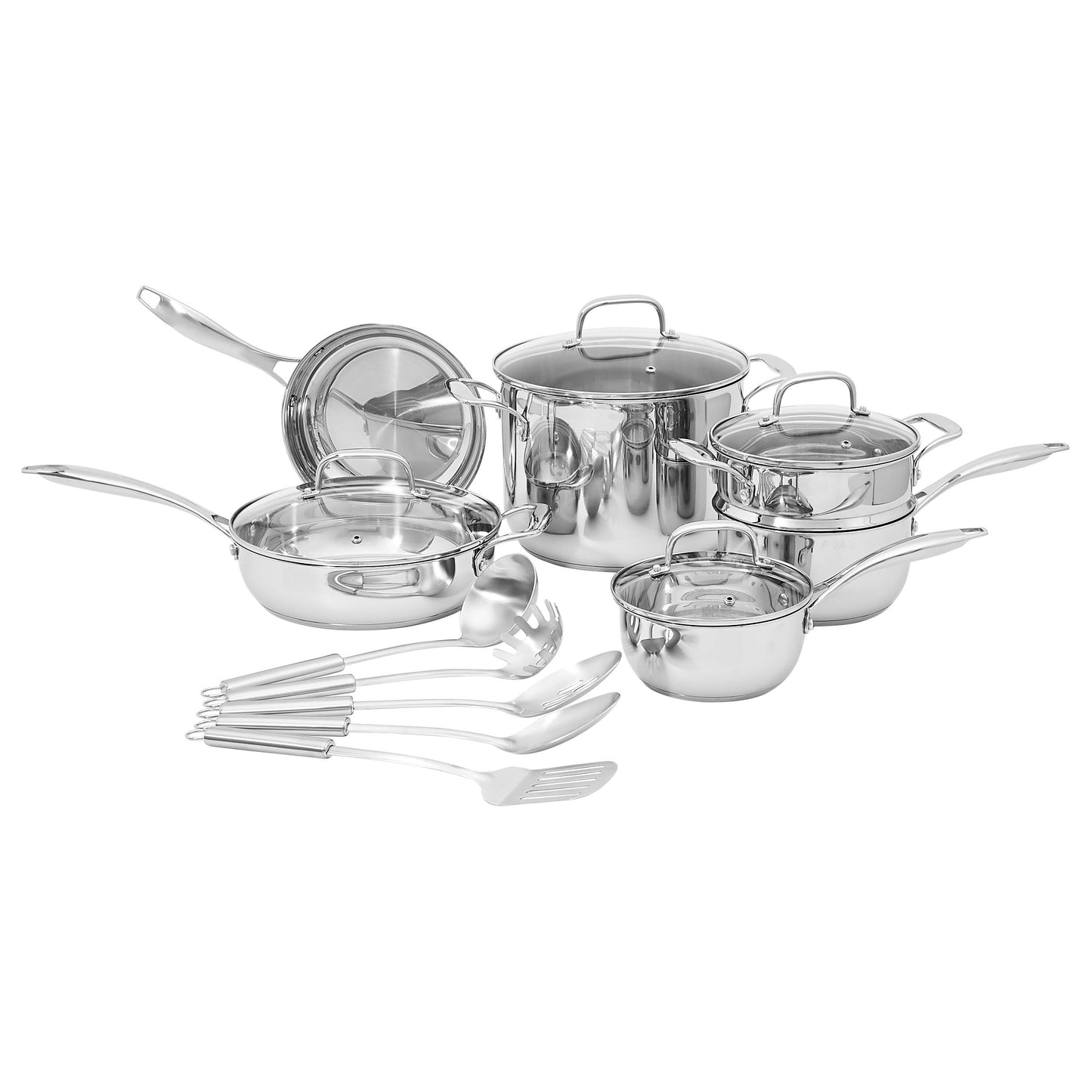 Amazon Basics Stainless Steel Cookware 15-Piece Set, Oven Safe, Pots and Pans, Induction-Ready, Even Heating, Easy to Clean, Heavy Duty, Silver