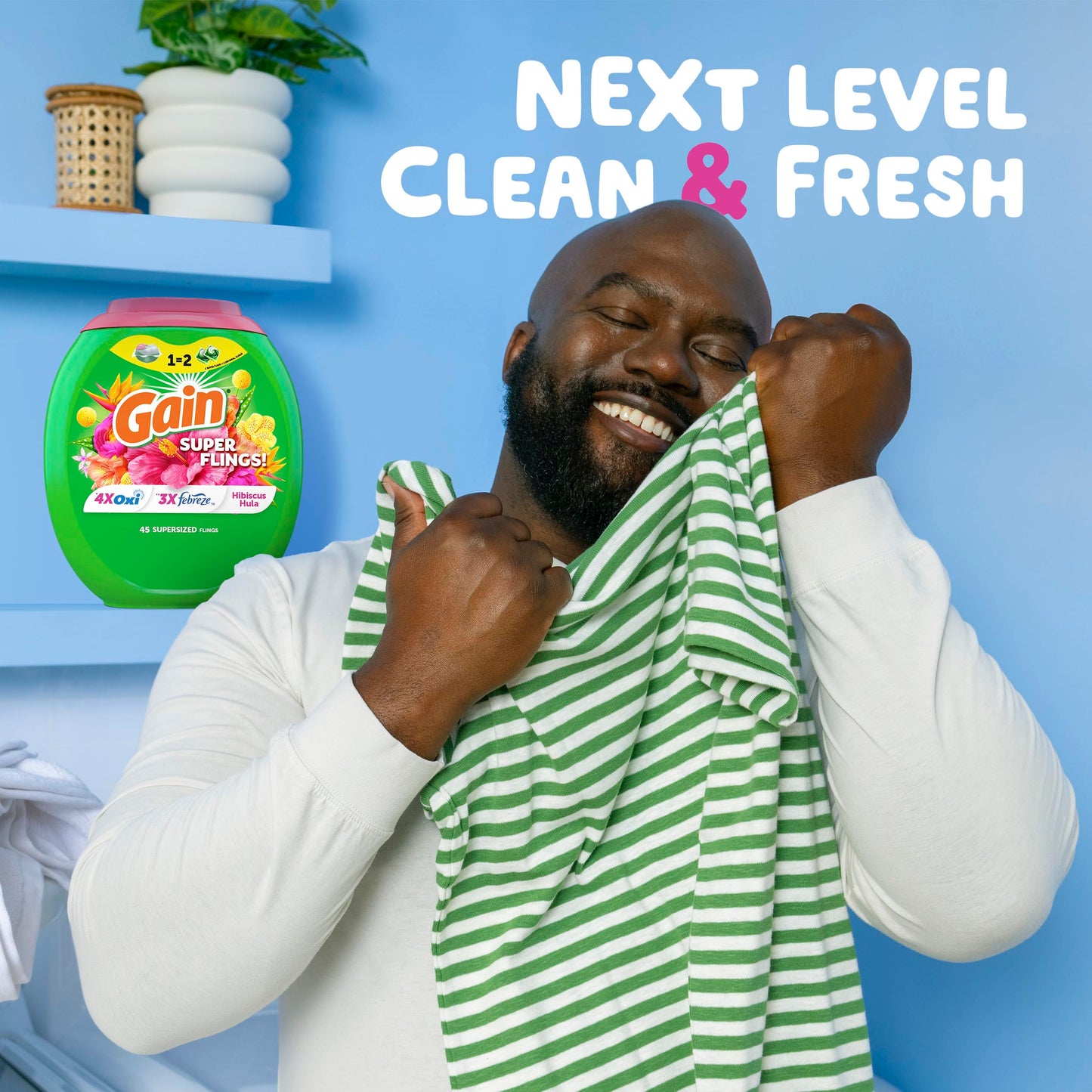 Gain Super Sized Flings Laundry Detergent Pacs with Hibiscus Hula Scent, Powerful Cleaning for Lasting Freshness, HE Compatible, 45 Count, Gain Laundry Detergent Pods