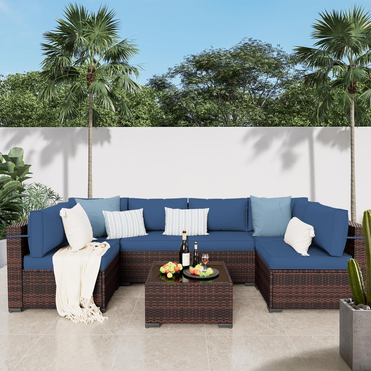 Amopatio Patio Furniture Sets, 7 Pieces Outdoor Rattan Sectional Sofa Set with Glass Table and Cushions, Wicker Patio Conversation Set for Outdoor Indoor Backyard Lawn Garden Porch (Grey)