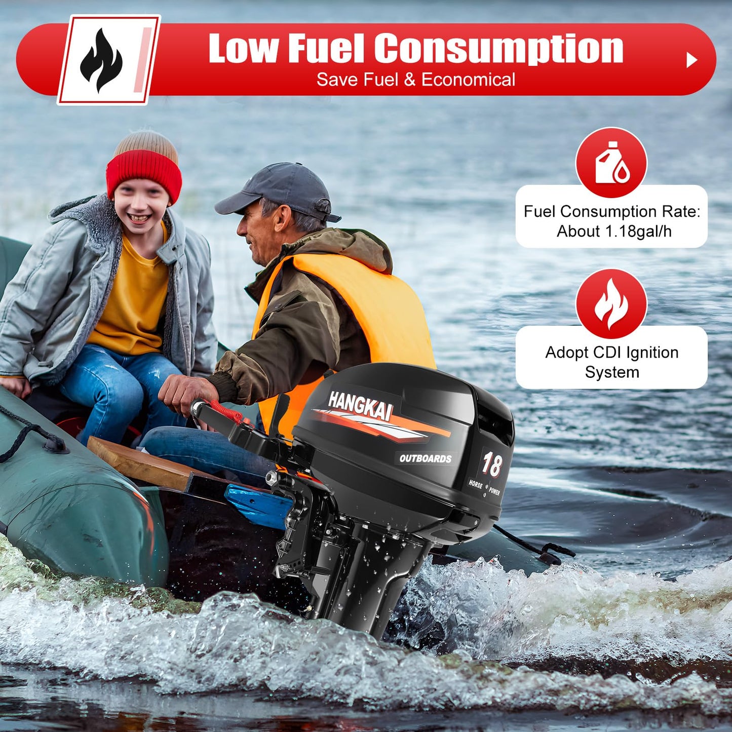 Outboard Motor Engine 2 Stroke18HP Horsepower Long Axis, 246CC Gasoline Power Boat Motor Engine with CDI System, Mud Motor Kit for Width Less than 4.9 Feet and Length Less than 19.7 Inches