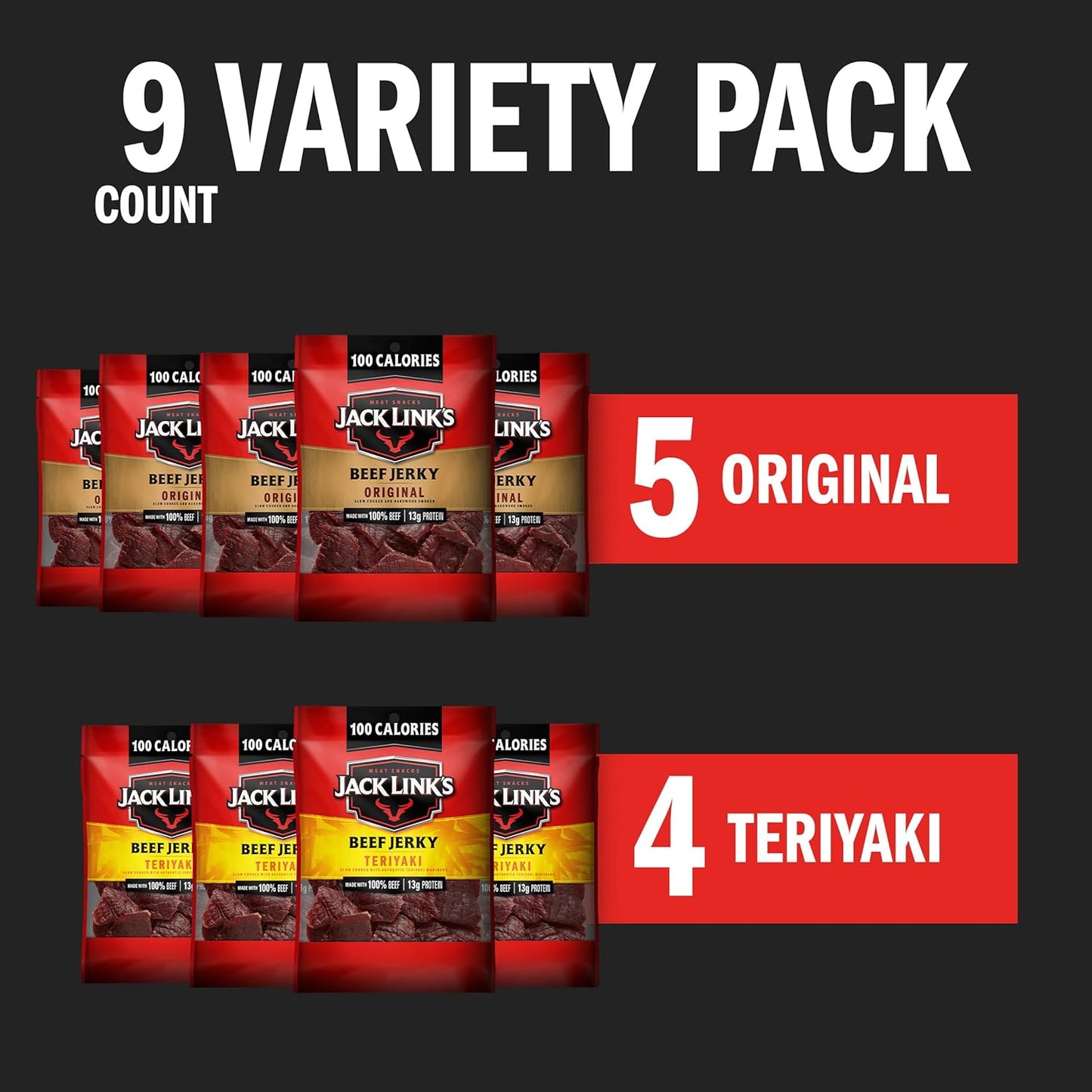 Jack Link's Beef Jerky Variety Pack - Includes Original and Teriyaki Jerky, Bulk Protein Snack Pack, Good Source of Protein, Meat Snacks Made with 100% Beef, Individual Bags - 1.25 Oz (Pack of 9)