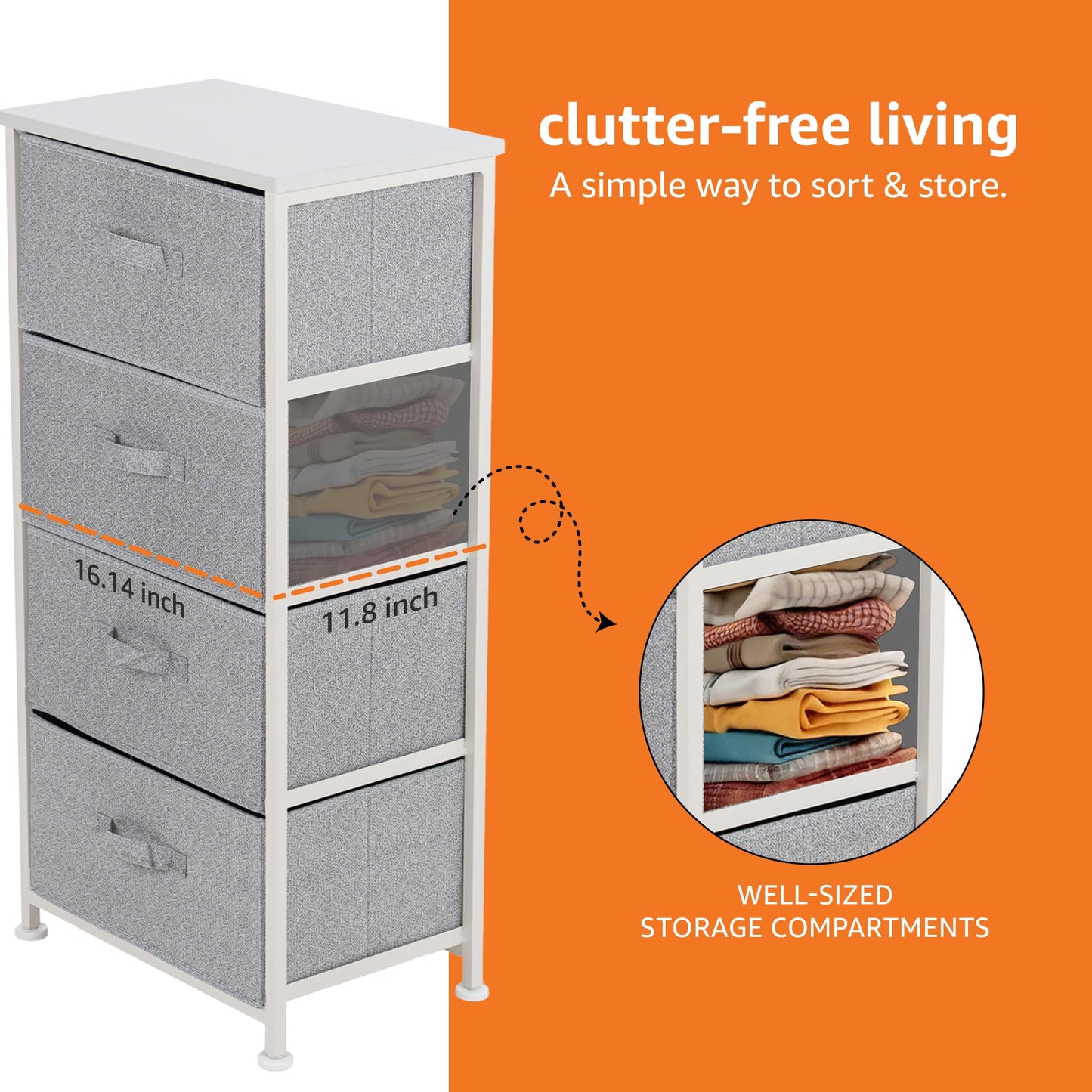 Amazon Basics Fabric 4-Drawer Storage Organizer Unit for Closet, Bedroom, White