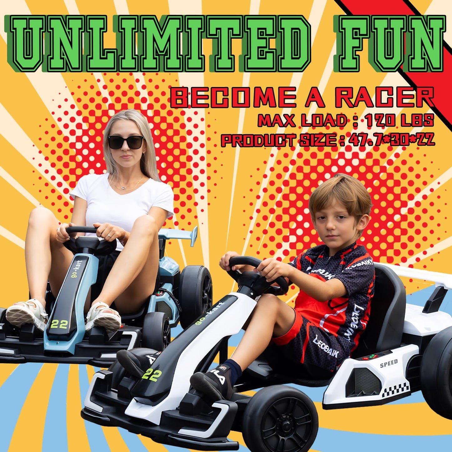 Kerry Yoo Go Kart Electric Drift Kart Car with Adjustable Seat, 24V Outdoor Ride on Toy with 4 Speed Mode, Crazy Cart for Kids 6-12 Years Old, Fast 300W Motor, 8.5 MPH, LED Lights, Bluetooth - Red