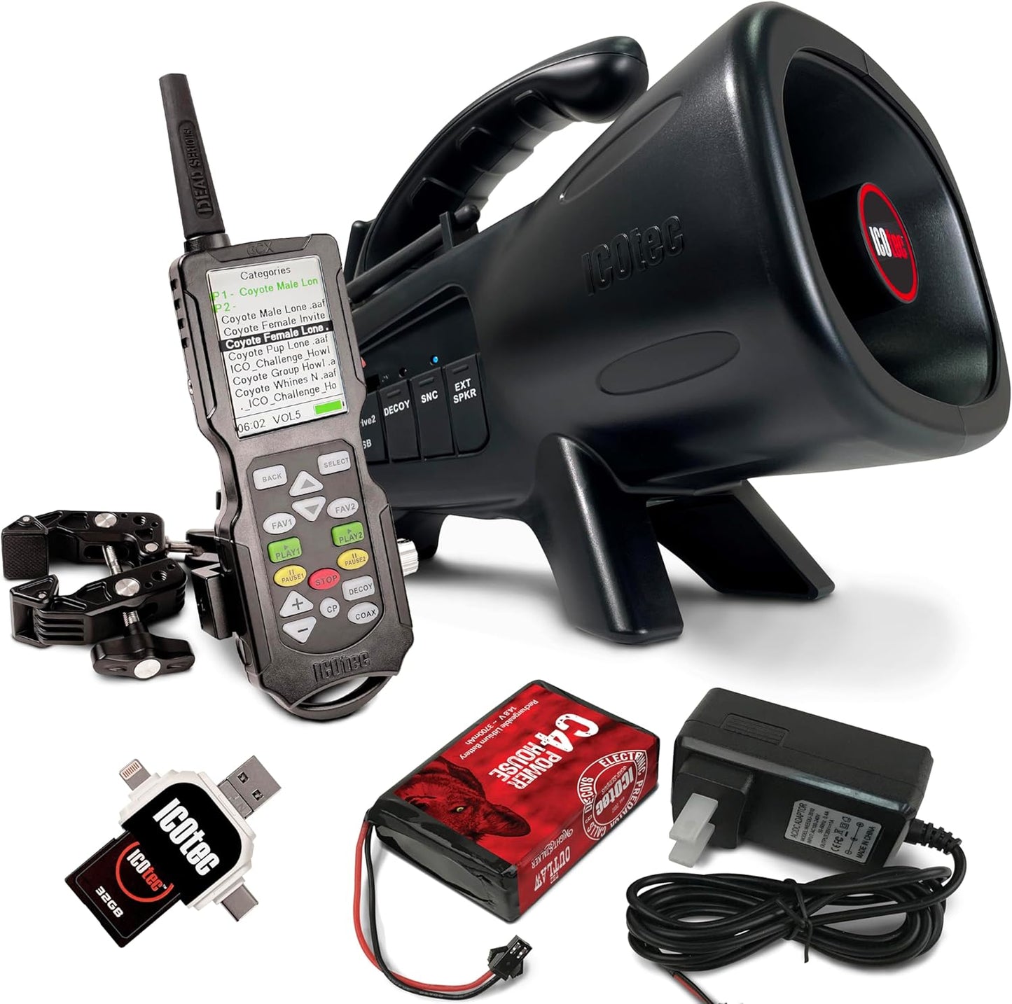 Icotec Night Stalker+ Game Call Bundle - Includes A Remote Holder, SD Card Reader, C4 Lithium Battery