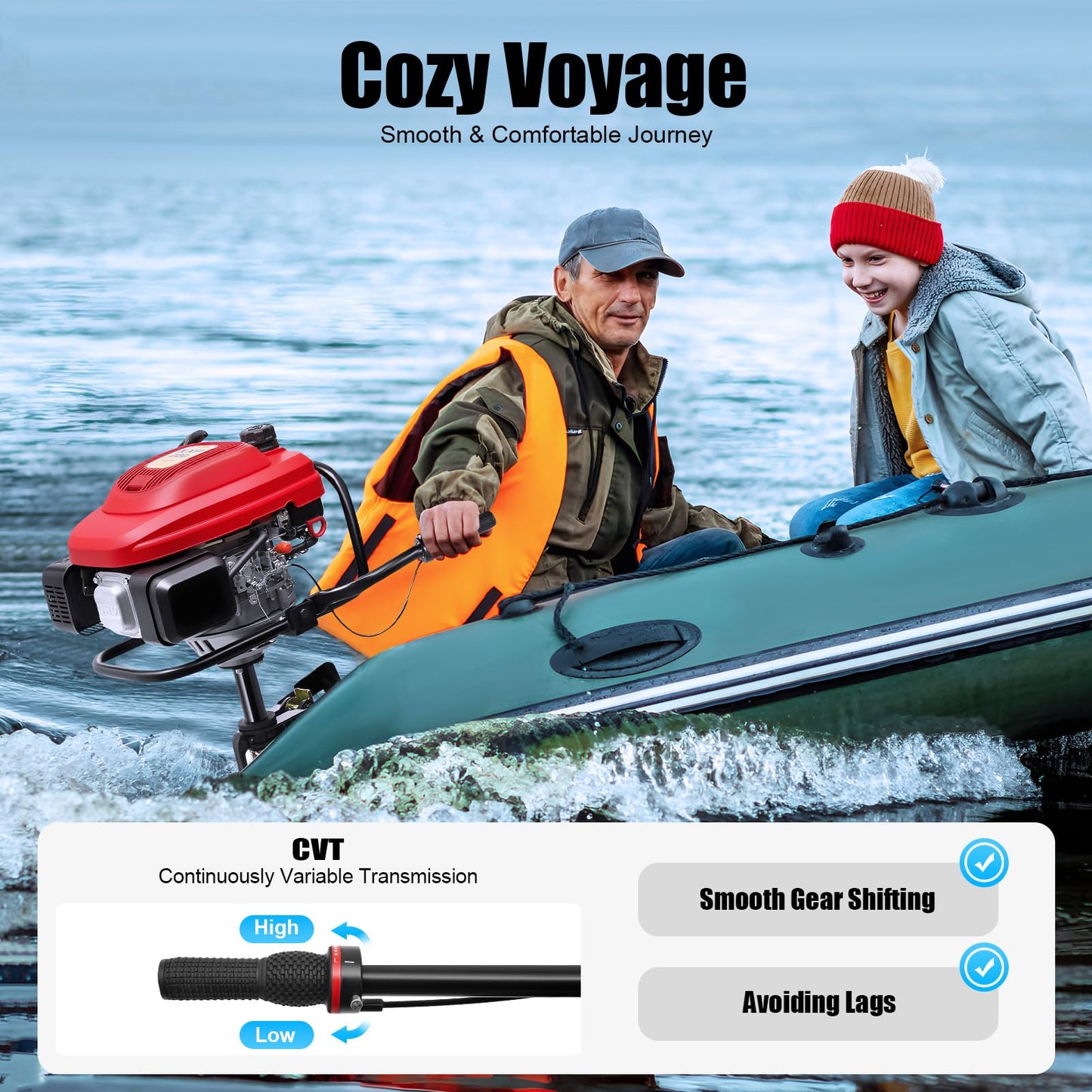 DAERNA 4 Stroke 7.5 HP Outboard Motor, Heavy Duty Fishing Boat Motor with Air Cooling System, 200cc Single Cylinder Gas Boat Engine