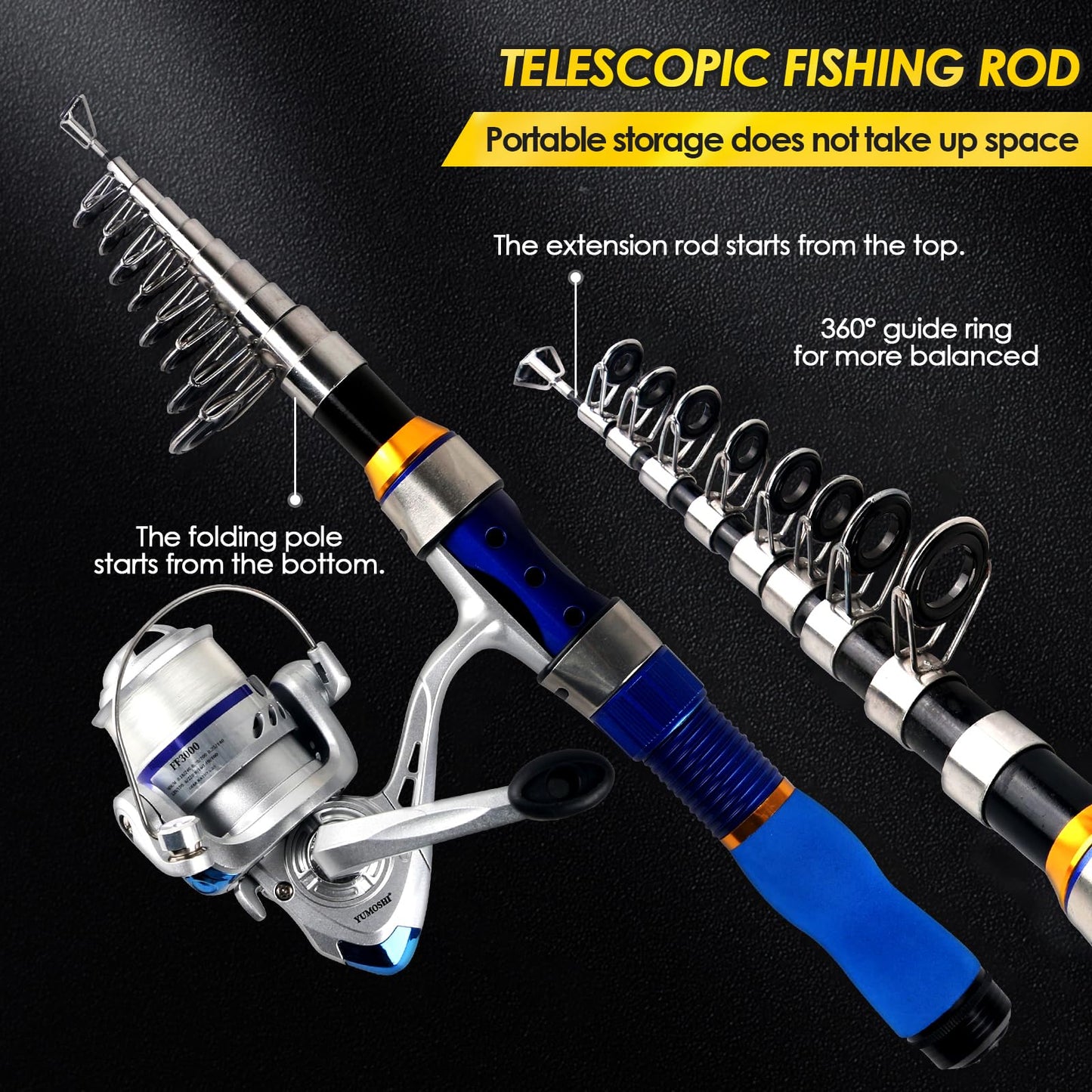 Telescopic Fishing Rod Reel Combo 2PCS 6.89FT Collapsible Fishing Pole Spinning Reel Lures Accessories with Fishing Bag Portable Fishing Rod Kit for Saltwater Freshwater Travel Fishermen Gift