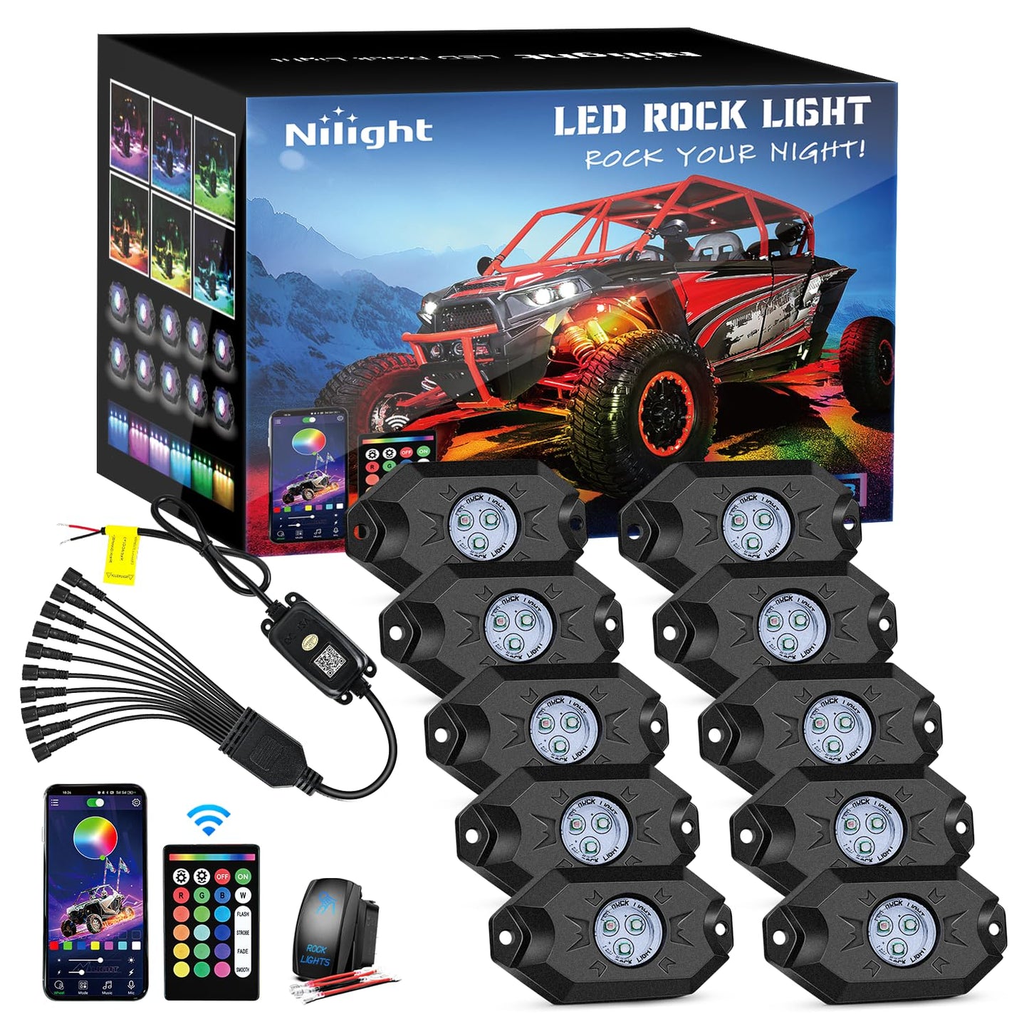 Nilight RGB LED Rock Lights Kit, 4 pods Underglow Multicolor Neon Light Pod with Bluetooth App Control Flashing Music Mode Wheel Well Light for Truck ATV UTV RZR SUV