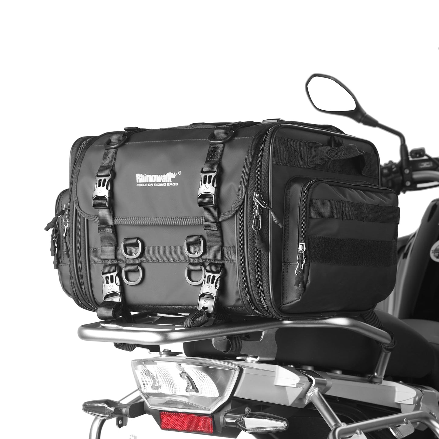 Rhinowalk Motorcycle Tail Bag, Expandable Motorcycle Travel Luggage Bags 60L, Waterproof All-Weather Trunk Rack Bag with Sissy Bar Straps & Helmet Rain Cover – Black
