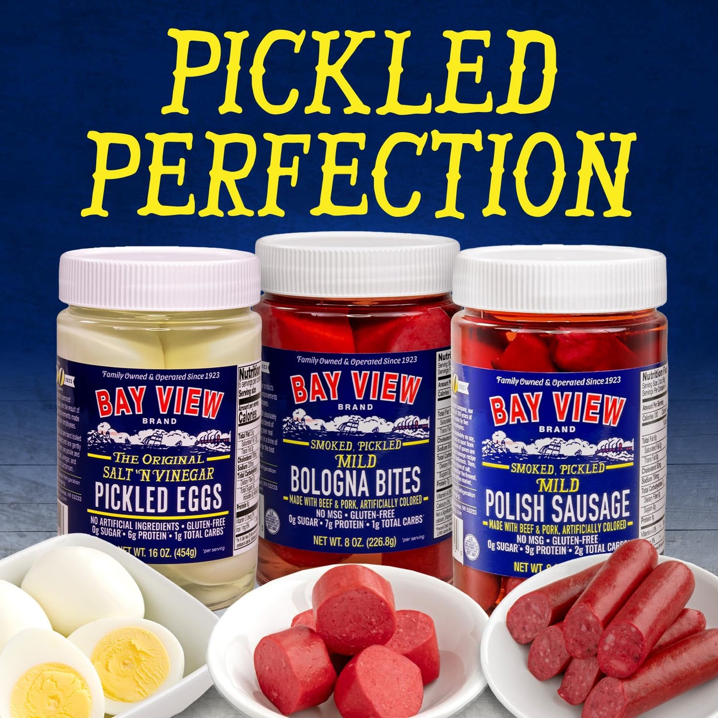 Bay View Smoked Pickled Polish Sausage, No MSG, Gluten Free, No Soy, 0g Sugar, 7g Protein, Hardwood Smoked, Mouthwatering Pickled Snack (Mild Bologna, 8oz)