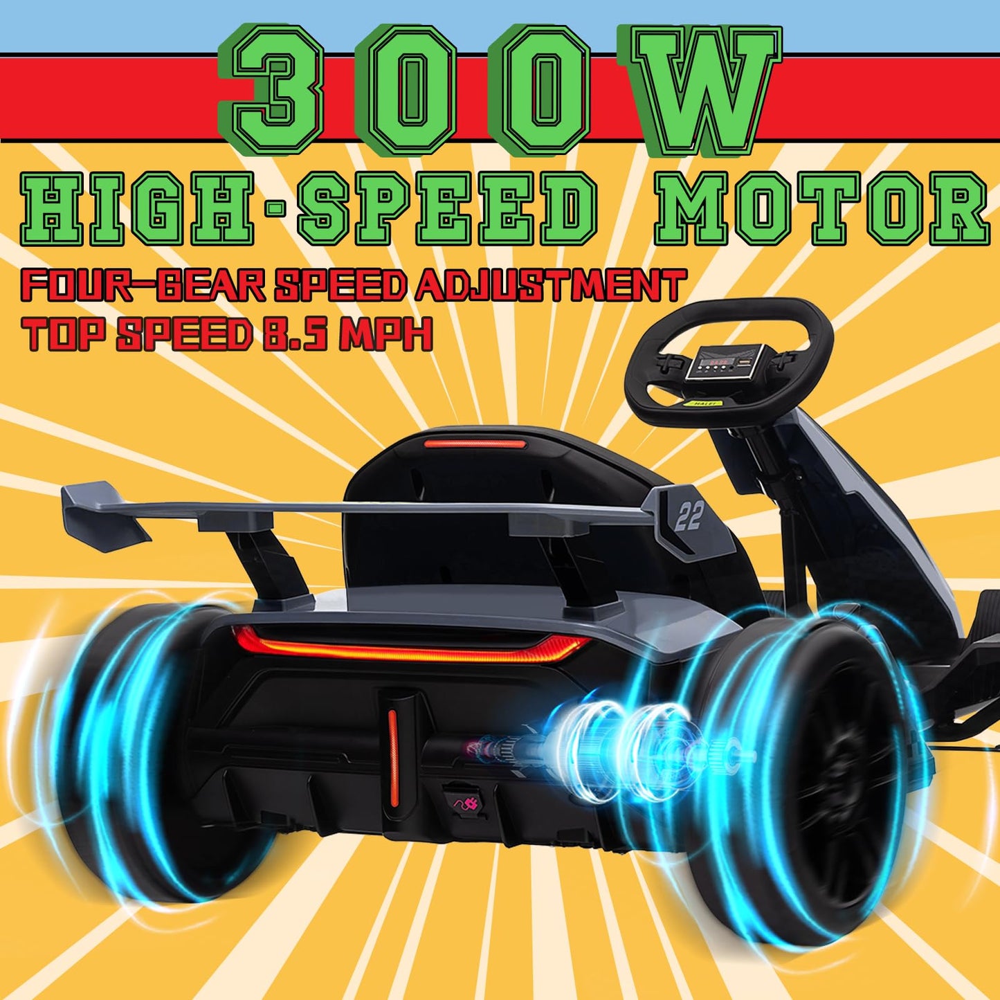 Kerry Yoo Go Kart Electric Drift Kart Car with Adjustable Seat, 24V Outdoor Ride on Toy with 4 Speed Mode, Crazy Cart for Kids 6-12 Years Old, Fast 300W Motor, 8.5 MPH, LED Lights, Bluetooth - Red