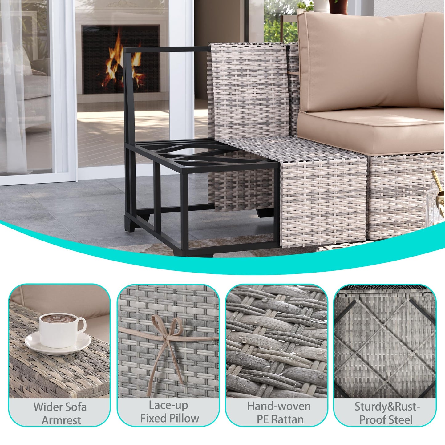 6-Piece Outdoor Patio Furniture Set Wicker Sectional Sofa Set, Patio Conversation Set with Thickened Cushions & Coffee Table for Garden, Backyard, Poolside, Beige