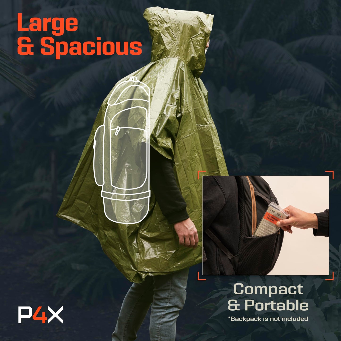 PREPARED4X Emergency Poncho with Mylar Blanket Liner – Heavy Duty, Waterproof, Wind-Resistant Green Rain Poncho for Outdoors, Camping, and Car Emergency Kits - Thermal Poncho - 4 Pack (Green)