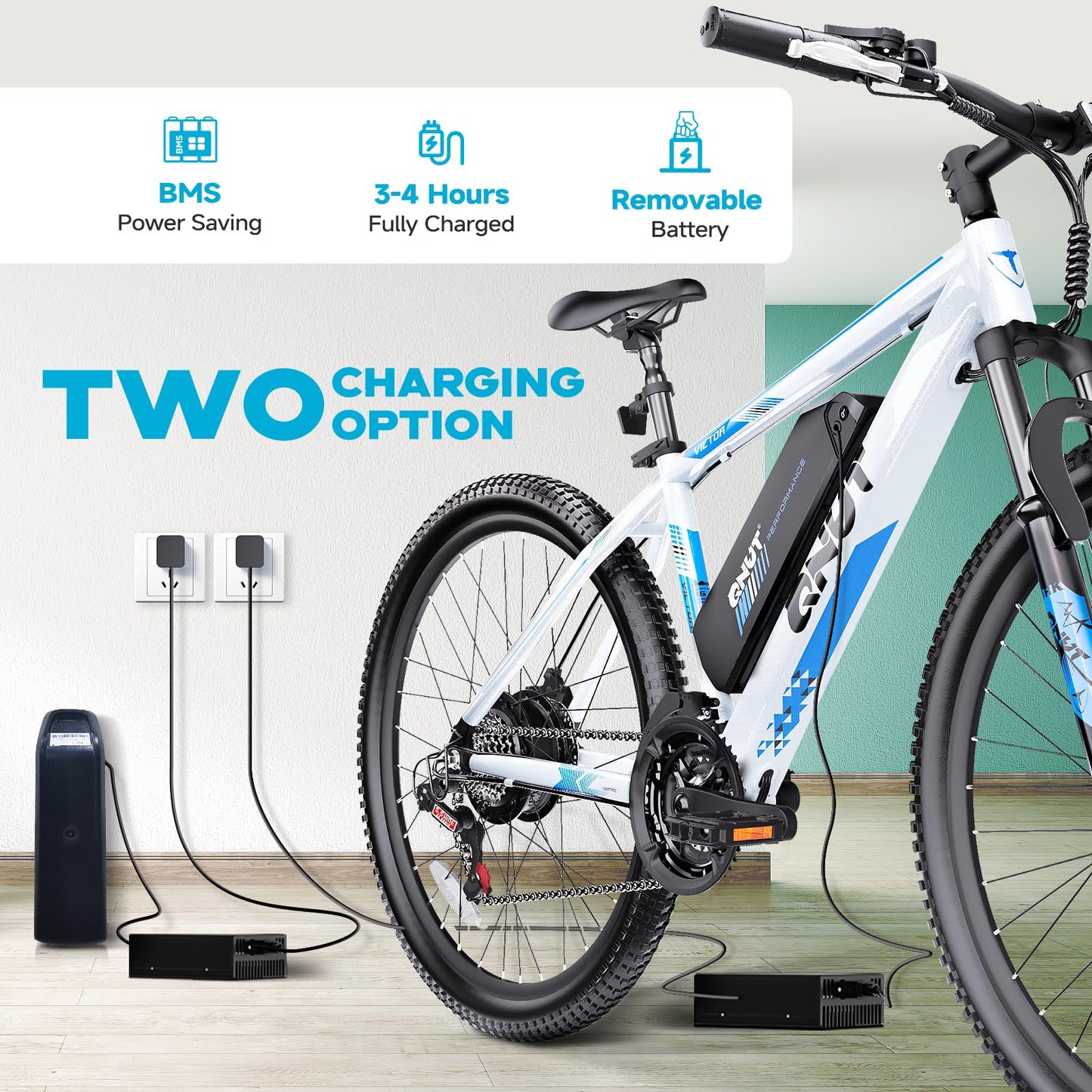 QNUT Electric Bike for Adults, 350W 26" Ebike for Teens 21 Speed 20Mph Up to 40Mile with Dual Disc Brake Commute E-Bike E-MTB for Men Women Electric Bicycles (Blue-White)