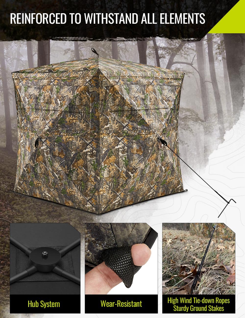 TIDEWE Hunting Blind See Through with Carrying Bag, 2-3 Person Pop Up Ground Blinds 270 Degree, 300D Portable Resilient Hunting Tent for Deer & Turkey Hunting (Camouflage)