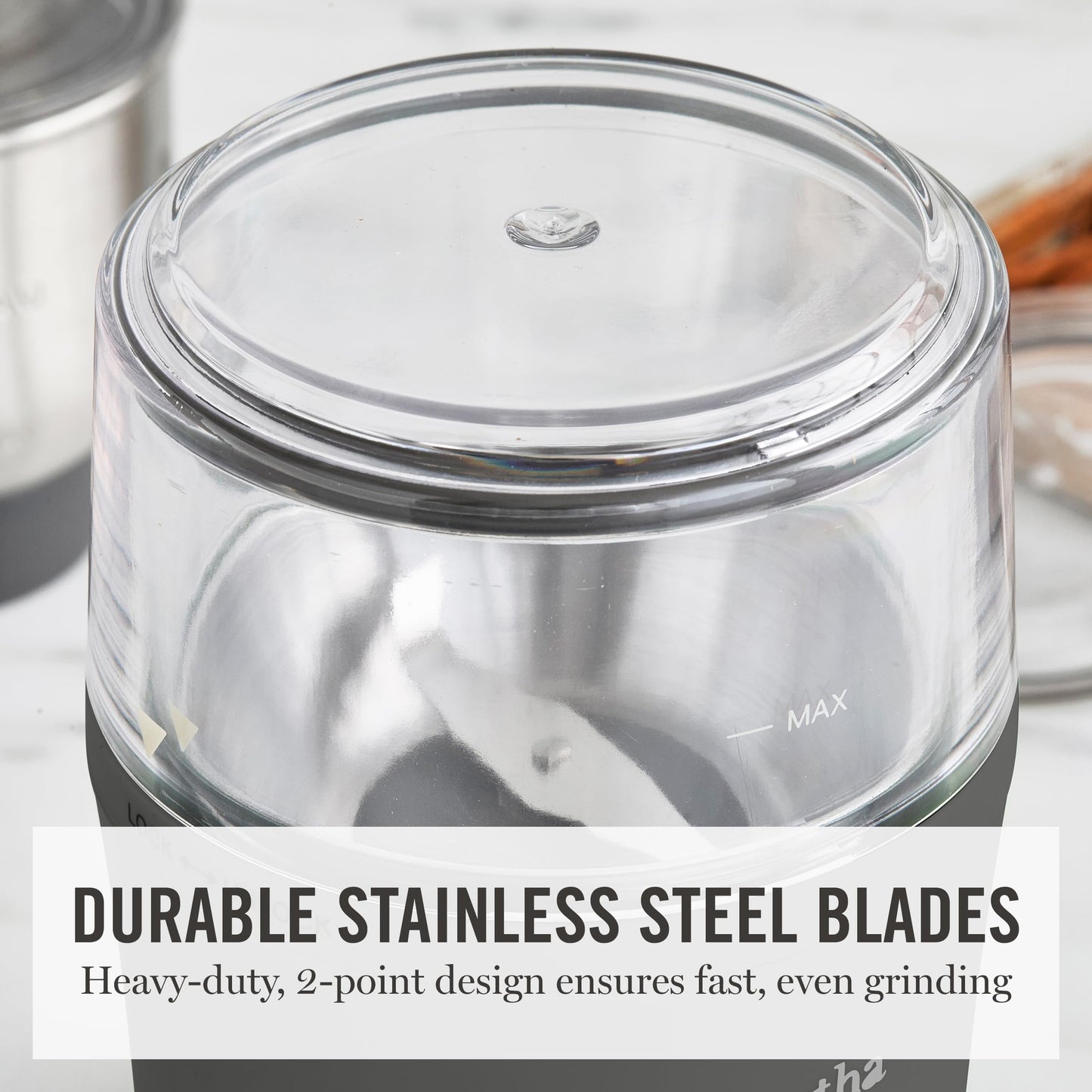 Martha Stewart Electric Coffee & Spice Grinder, Dual 2.5oz Removable Bowls, Storage Lids, Stainless Steel Blades, One Touch Pulse Control, 2-in-1 Compact, Beans & Spices, Herbs & Nuts, Sky Blue