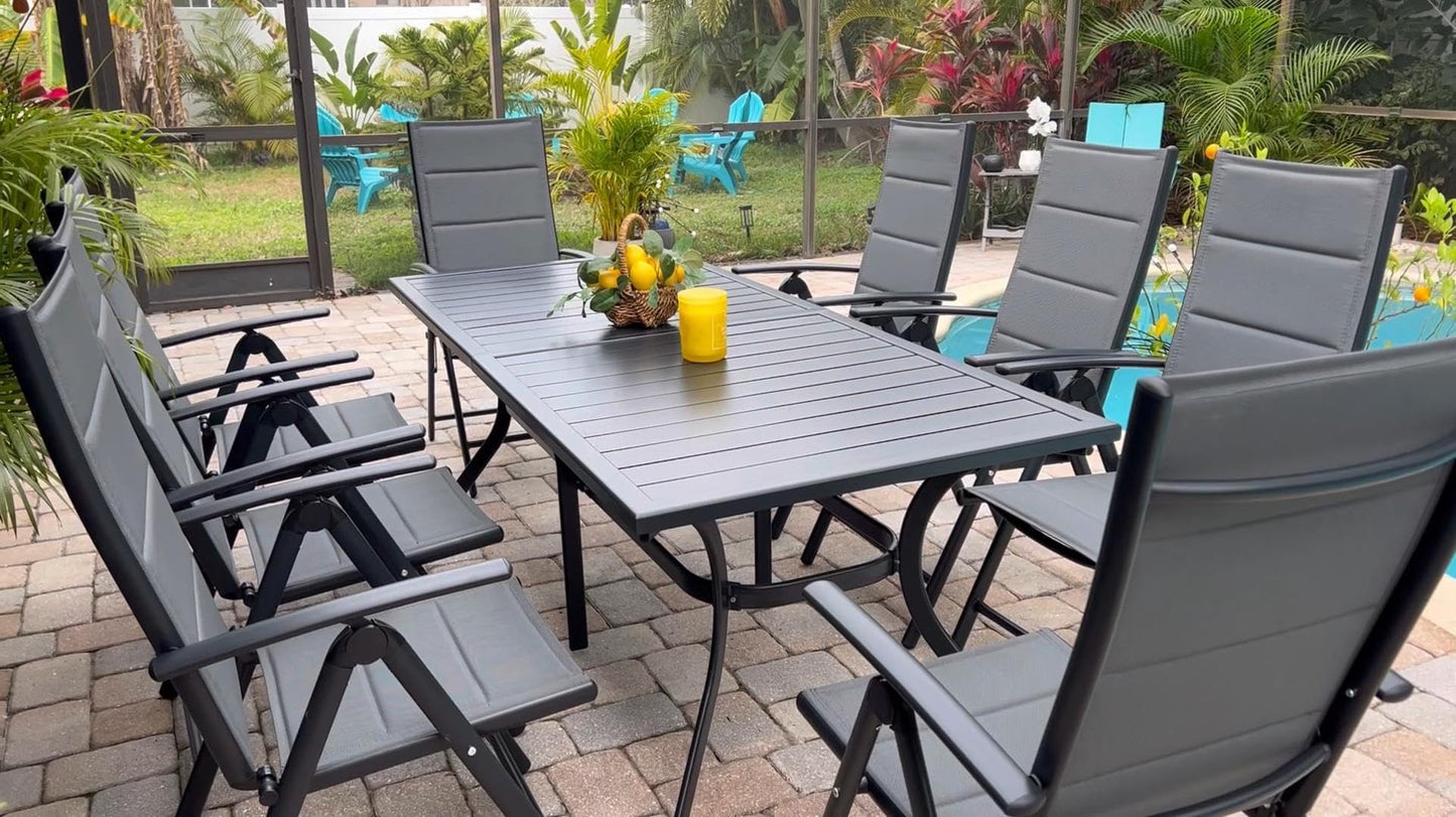 PURPLE LEAF 9 Pieces Outdoor Patio Dining Set with 8 Folding Portable Chairs and 1 Rectangle Aluminum Table, Foldable Adjustable High Back Reclining Chairs with Soft Cotton-Padded Seat, Grey