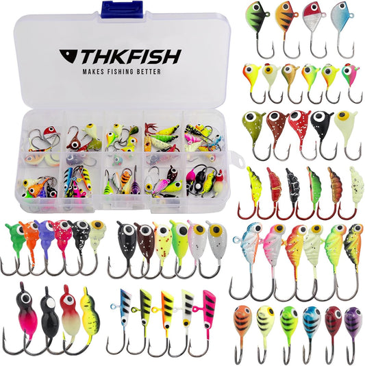THKFISH Ice Fishing Jigs 54pcs Glow Ice Fishing Lures, Walleye Jig Ice Fishing Jigs Kit Ice Fishing Gear for Crappie Bass Walleye Saltwater Freshwater Fishing Gear