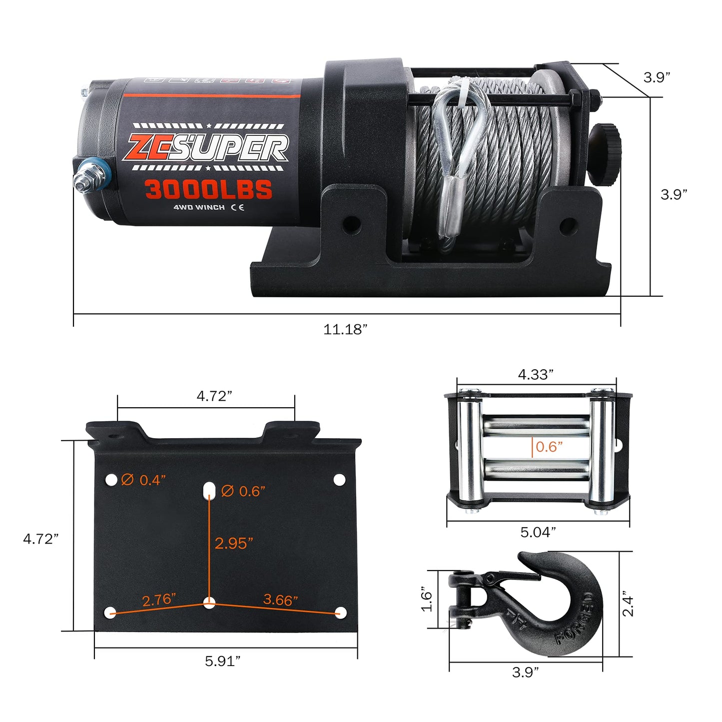 ZESUPER 3000 lb Electric Winch for ATV UTV Trailer Boat Synthetic Rope Winch 12V DC Off Road Towing Winches with Wireless Remote Mounting Bracket