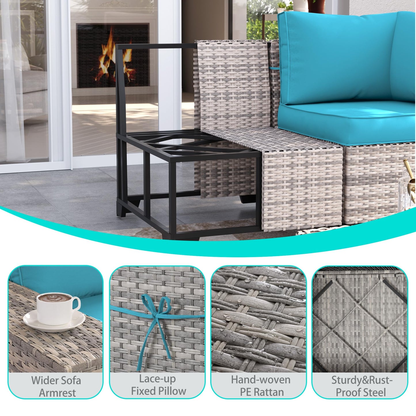 6-Piece Outdoor Patio Furniture Set Wicker Sectional Sofa Set, Patio Conversation Set with Thickened Cushions & Coffee Table for Garden, Backyard, Poolside, Beige