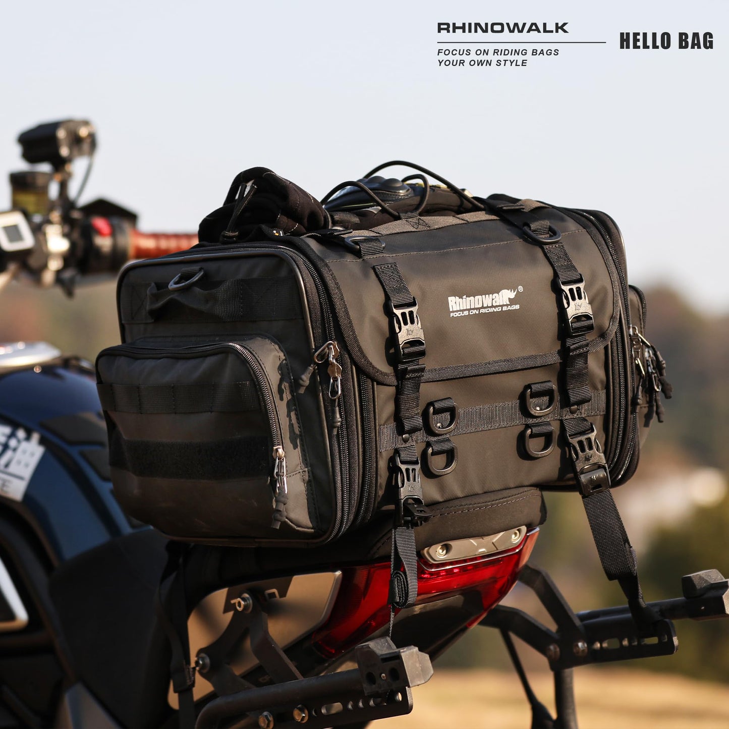 Rhinowalk Motorcycle Tail Bag, Expandable Motorcycle Travel Luggage Bags 60L, Waterproof All-Weather Trunk Rack Bag with Sissy Bar Straps & Helmet Rain Cover – Black