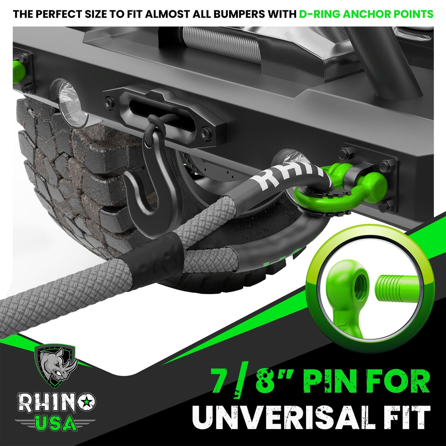 Rhino USA D Ring Shackles (2-Pack) - 41,850lb Break Strength – Heavy Duty 3/4" Clevis Shackle with 7/8 Pin for Towing & Off-Road Use - Pairs with Tow Strap for Vehicle Recovery (Black)