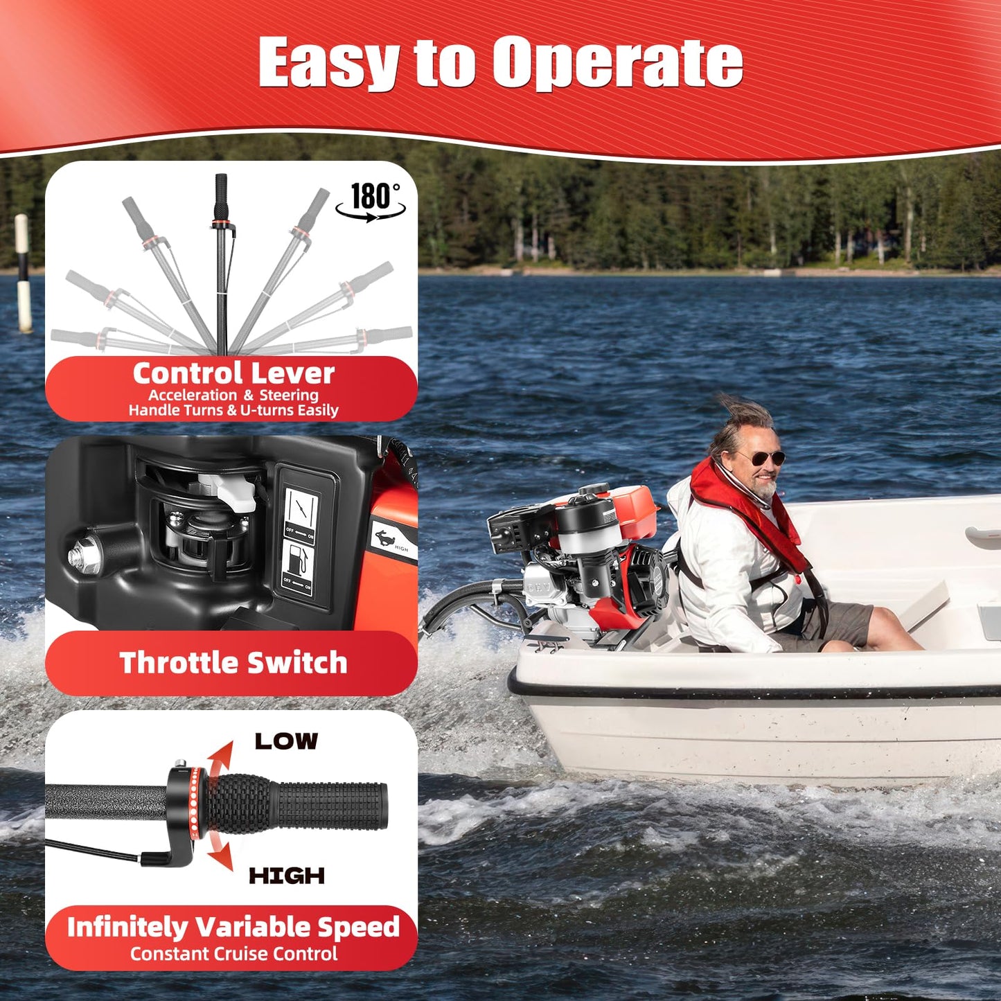 Outboard Motor, Heavy Duty Fishing Boat Engine Manual Start Kayak Motor w/Air-cooling & TCI Ignition System for yachts, kayaks, Wooden Boats, Foam Boats, Rubber Boats, etc. (196CC 7.5HP 4Stroke)