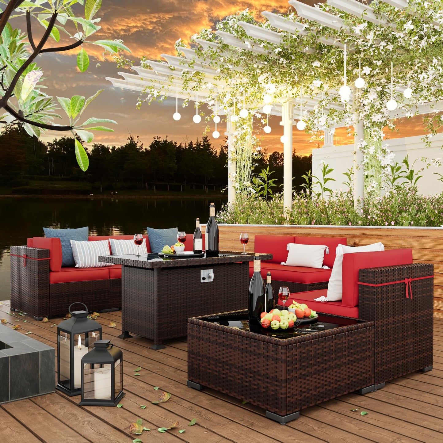 Amopatio Patio Furniture Sets, 7 Pieces Outdoor Rattan Sectional Sofa Set with Glass Table and Cushions, Wicker Patio Conversation Set for Outdoor Indoor Backyard Lawn Garden Porch (Grey)