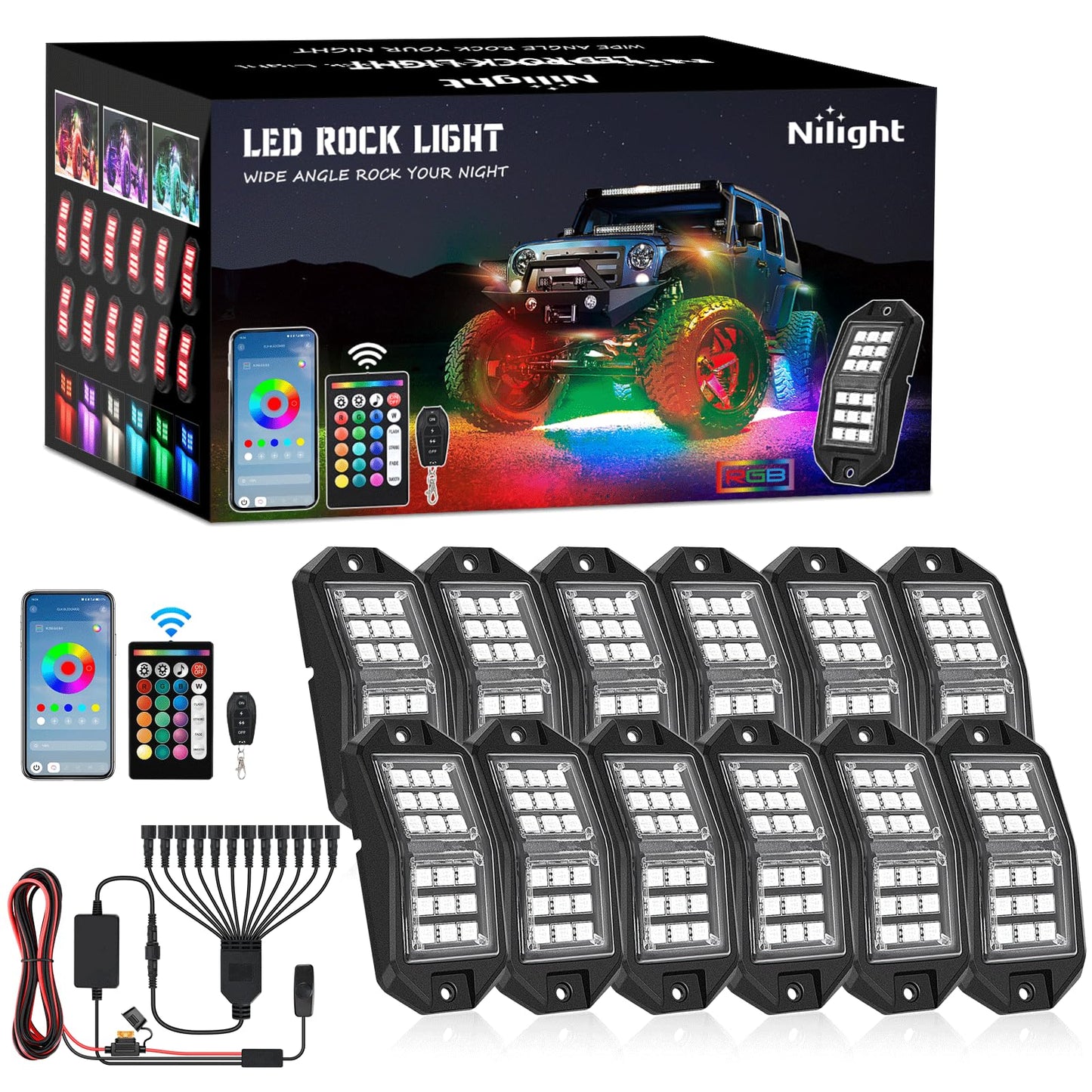 Nilight RGB LED Rock Lights Kit, 4 pods Underglow Multicolor Neon Light Pod with Bluetooth App Control Flashing Music Mode Wheel Well Light for Truck ATV UTV RZR SUV
