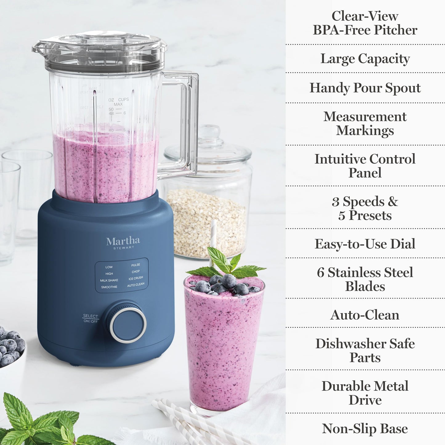 Martha Stewart 50oz Countertop Blender, Smoothie, Margarita & Ice Crushing Blender, BPA-Free Pitcher, 3 Speeds, 5 Presets, Auto-Clean Function, Dishwasher Safe, Stainless Steel Blades, Sky Blue