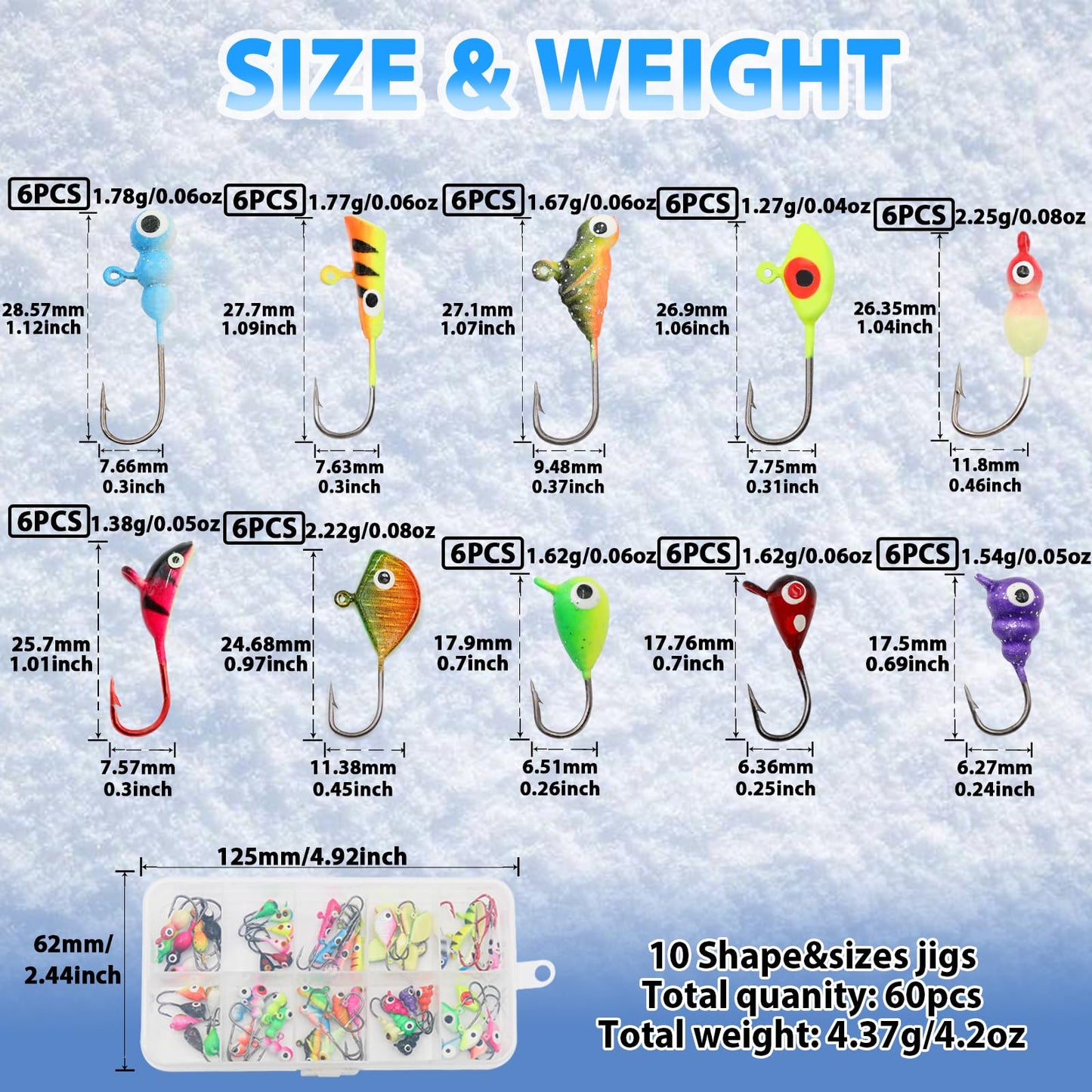 Ice Fishing Jigs Kit, 30/60Pcs Glow Ice Fishing Lure Set for Winter Ice Jigging Crappie Sunfish Perch Panfish Walleye Pike Jigs, Ice Fishing Gear with Storage Box