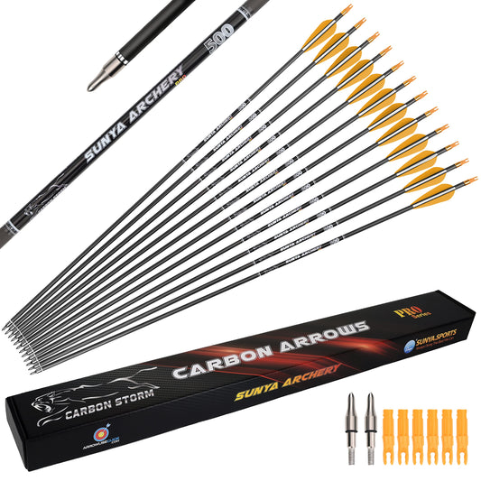 SUNYA Archery Compound Bow Arrows 12pcs Set. 30" Carbon Shaft, Spine 400 or 500 with Removable Tips