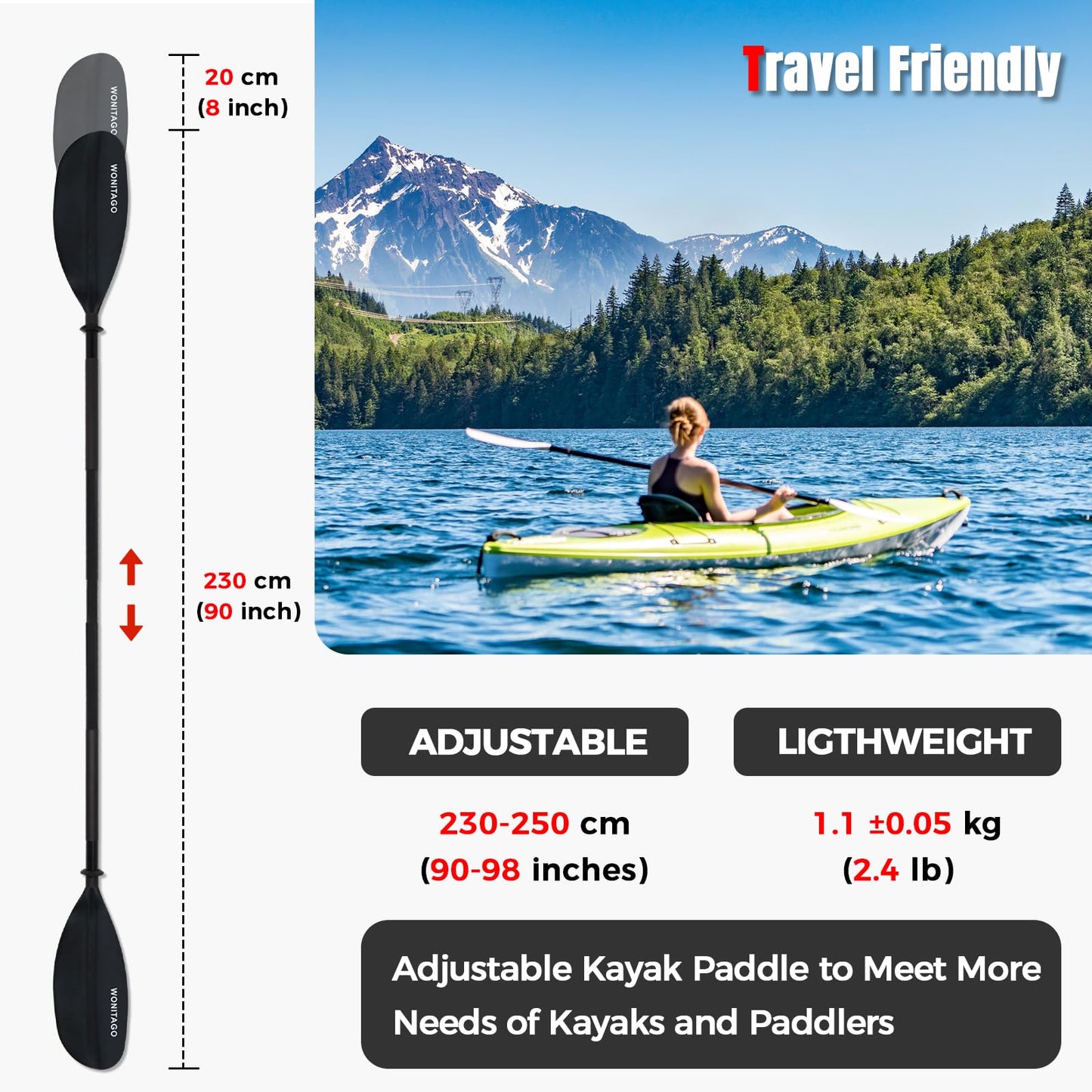 WONITAGO Kayak Paddles with Alloy Shaft and PP Blade, Floating Kayaking Oars, Adjustable 230-250 cm/90-98 Inches, Black