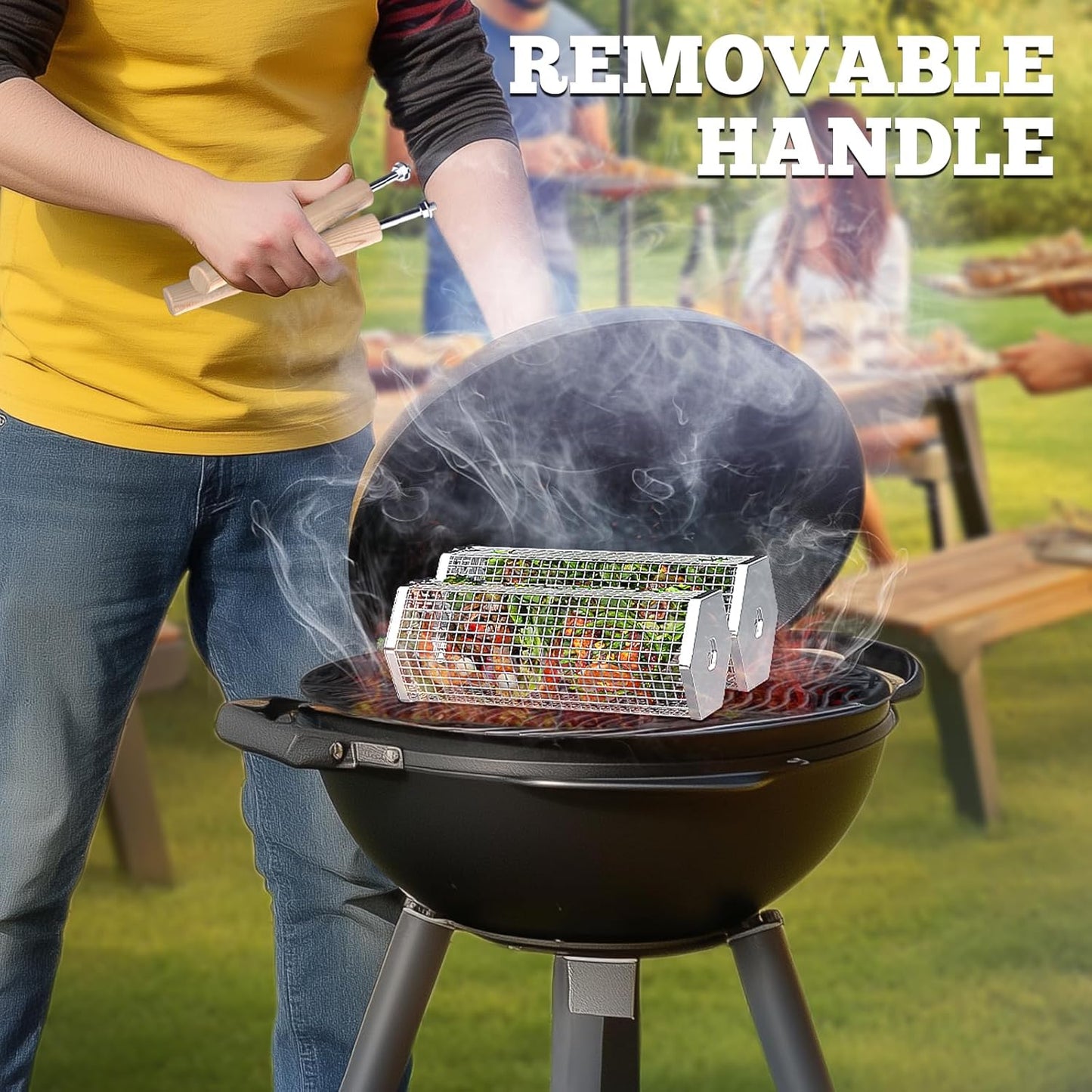 Rolling Grill Baskets(2PCS, Hexagon), Removable Wooden Handle, 304 Stainless Steel, Nesting Grilling Net, BBQ Accessories Tools for Vegetables Shrimp, Outdoor Cooking Camping, Birthday Gifts for Men Dad Husband