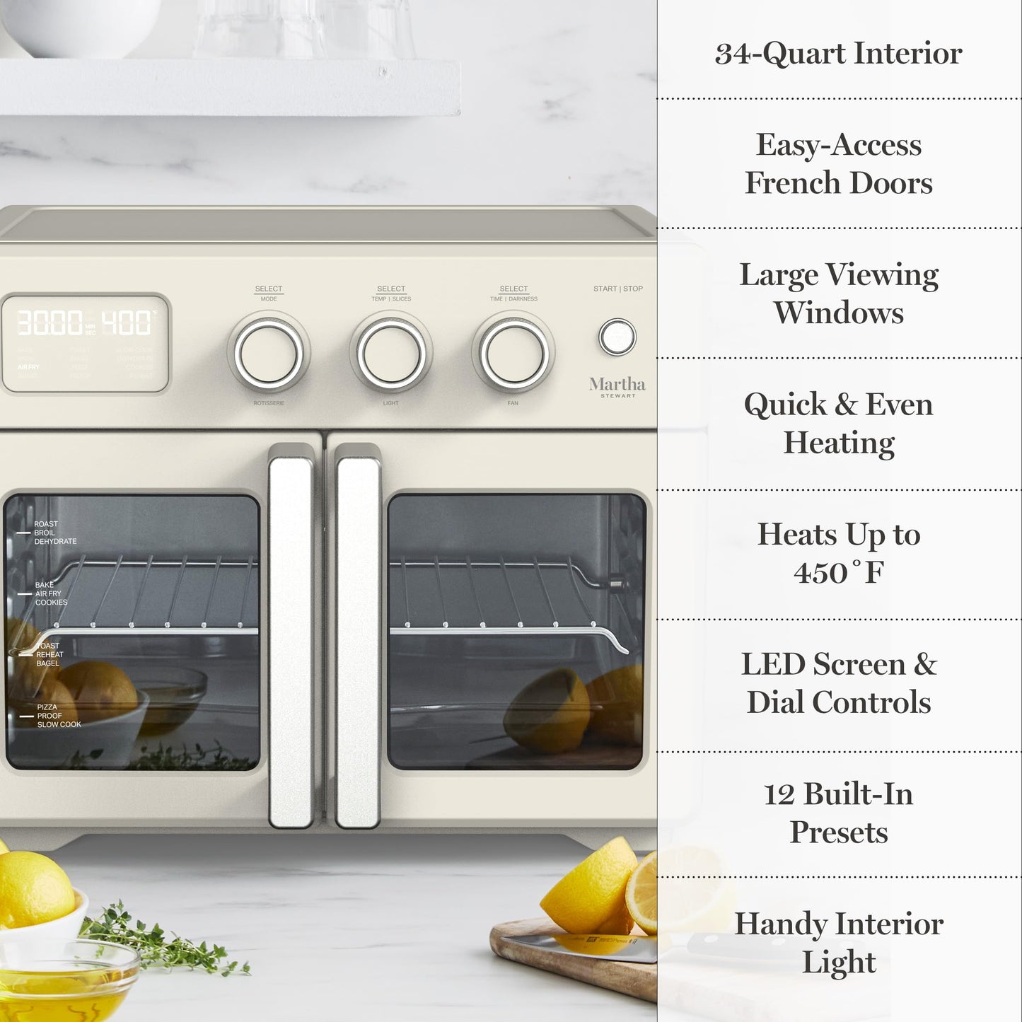 Martha Stewart French Door Air Fryer Toaster Oven Combo, 34QT Countertop Convection, 12-in-1, Bake, Broil, Roast, Fits 12” Pizza, Dehydrate, 5 Accessories, Air Fry Basket, Stainless Steel, Caviar Gray