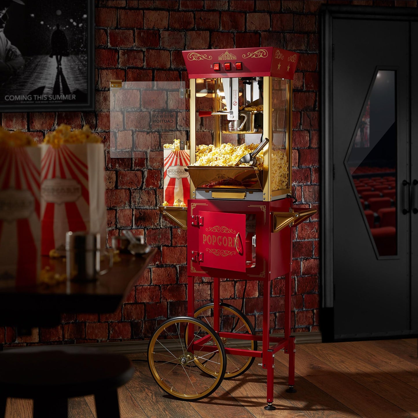 Olde Midway Movie Theater-Style Popcorn Machine Maker with Cart and 10-Ounce Kettle - Red, Vintage-Style Popper on Wheels