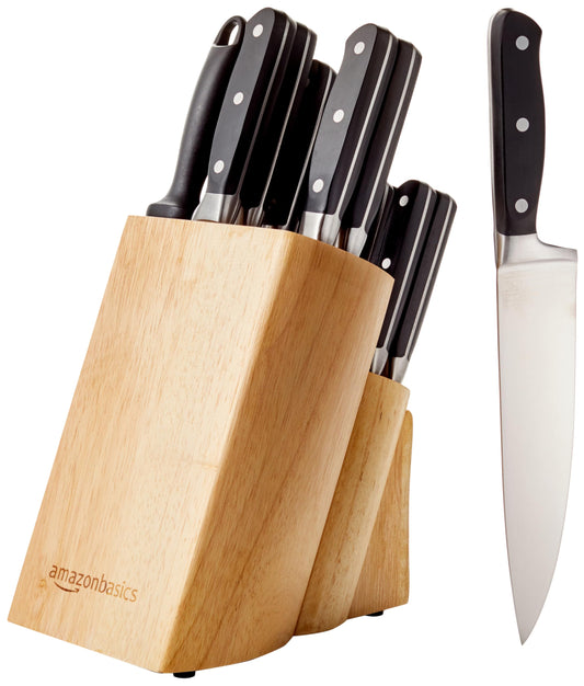 Amazon Basics 18 Pieces Premium High-Carbon Stainless Steel Blades with Pine Wood Knife Block Set,Kitchen, Black