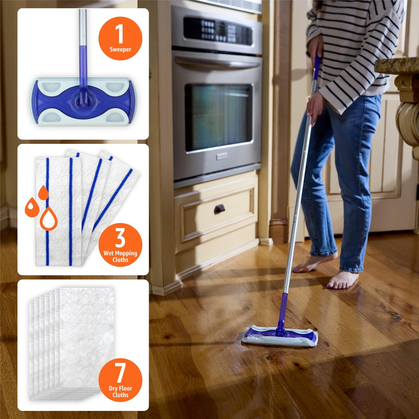 Amazon Basics Wet & Dry Sweeper Kit, 1 Sweeper Handle, 7 Heavy Duty Dry Floor Cloths, 3 Wet Floor Cloths, Pack of 1