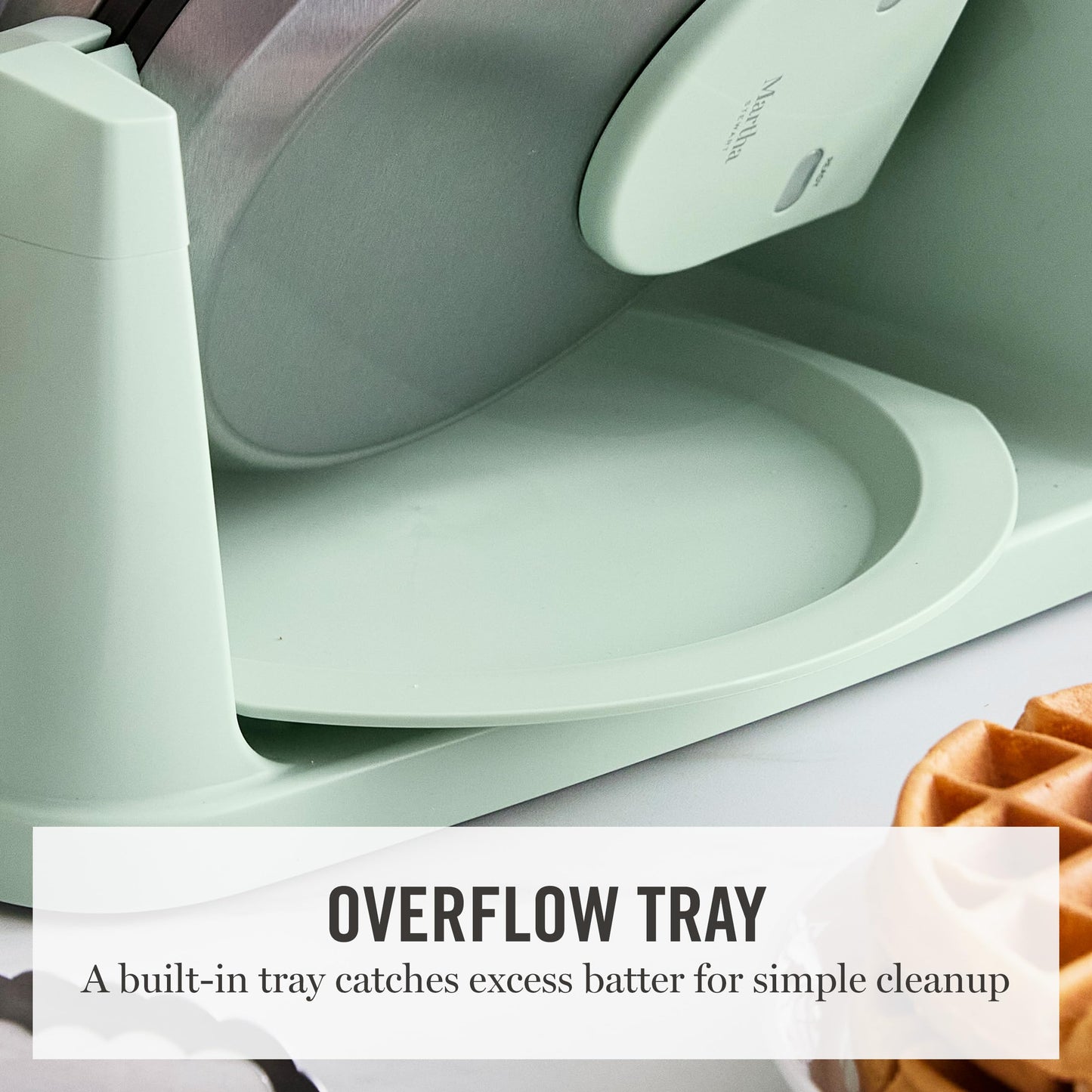 Martha Stewart Rotating Waffle Maker, 180° Flip Iron with PFAS-Free Nonstick Plates, Adjustable Timer, Ready Light, Drip Tray, Space Saving, Classic Round 7”, Easy to Clean, Stainless Steel, Sky Blue