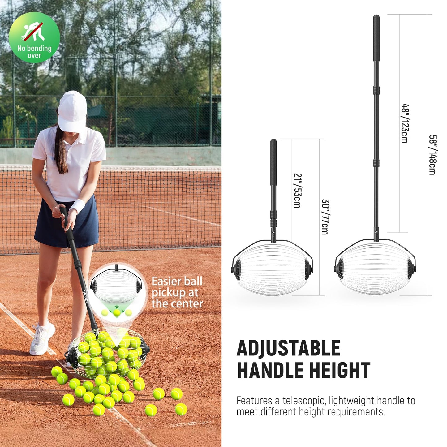 NEEWER Tennis Ball Pickleball Collector Roller, No Bending Over Quick Rolling Picker for 1.5"-3" Balls, 30-58"/77-148cm Telescopic Golf Ball Retriever for Up to 40 Tennis Balls, TB01S