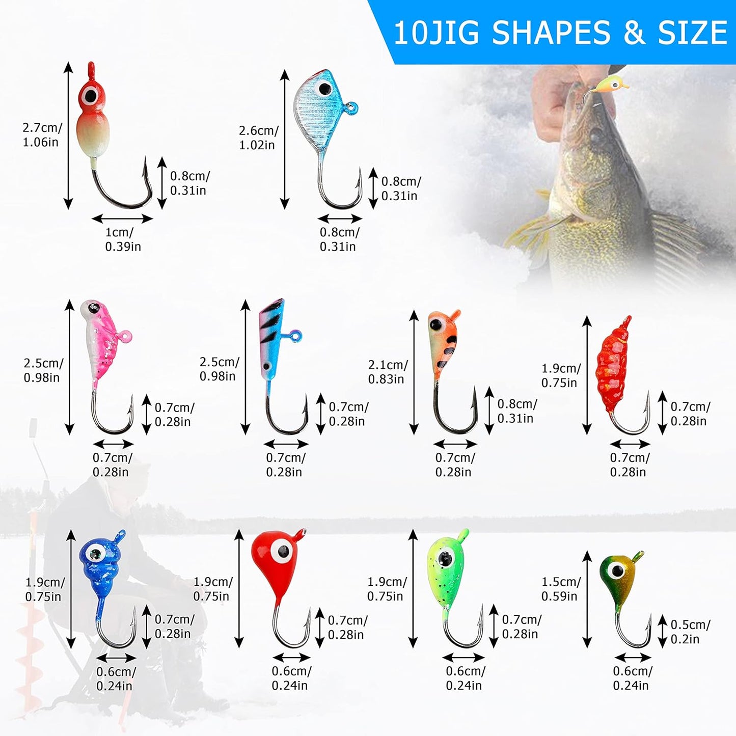 Ice Fishing Jigs Lures kit,48pcs Luminous Ice Fishing Gear Crappie Panfish Jigs Head Fishing Hooks Set for Winter Ice Jigging Walleye Perch Bluegill