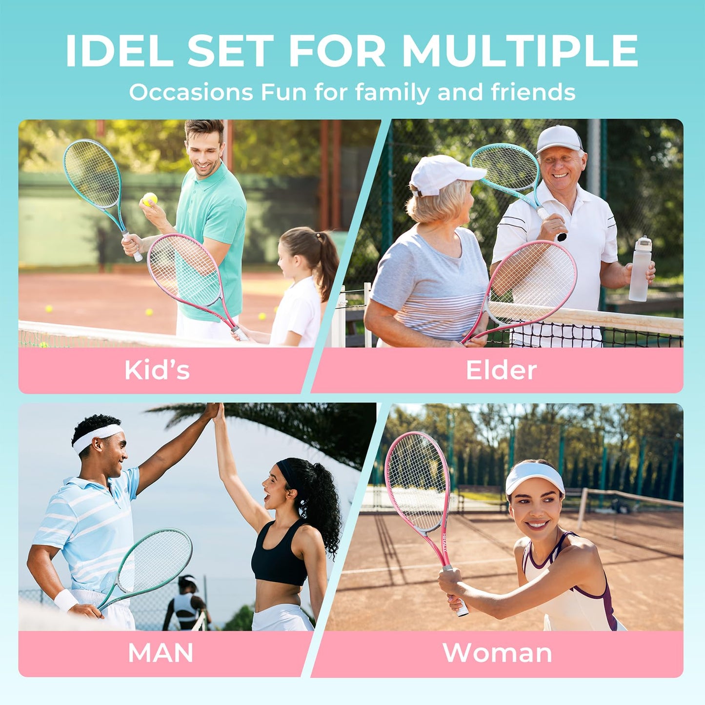 HIRALIY 27" Tennis Rackets Set for Adults, 2 Player Pre-Strung Tennis Racquets, 2 Overgrip Tapes,3 Balls, and 1 Carrying Bag, Outdoor Recreational Sport for Beginner (Pink/Green)