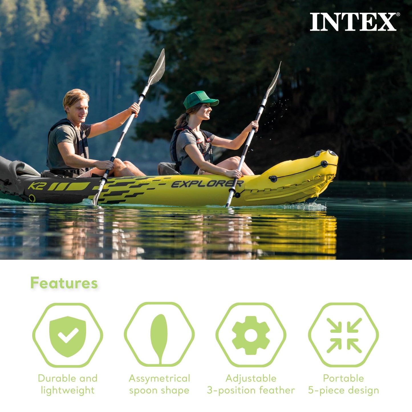 Intex 69629E 86" Kayak Paddle: Ribbed Spoon Shaped Blades – Durable Lightweight Shaft – Comfortable Grips – 3-Position Feather Adjustability – TUV RL Approved