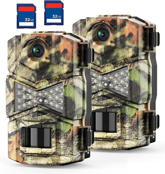 WOSODA 2 Pack Trail Cameras with Night Vision Motion Activated Waterproof,30MP Hunting Game Camera,1080P HD Trail Cam with SD Card for Wildlife Monitoring,Outdoor Scouting & Security