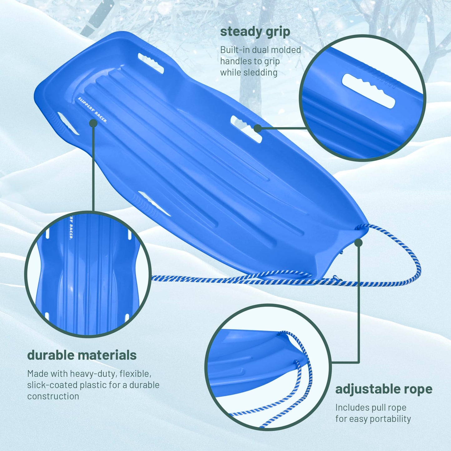 Slippery Racer Downhill Xtreme Flexible Adults and Kids Plastic Toboggan Snow Sled for Up to 2 Riders with Pull Rope and Handles, Blue