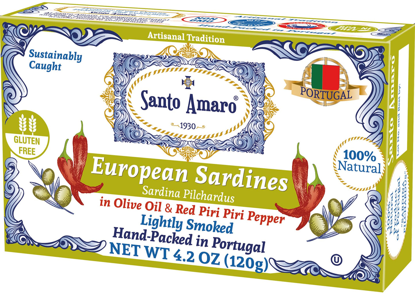 Santo Amaro - 6 Flavor Variety Pack Sampler European Wild Sardines - Virgin Olive Oil - Tomato Sauce from Puree - Virgin Olive Oil & Spicy Red Piri Piri Pepper - Spring Water - Virgin Olive Oil & Lisbon Lemon - Tomato Puree with Spicy Red Piri Piri Pepper