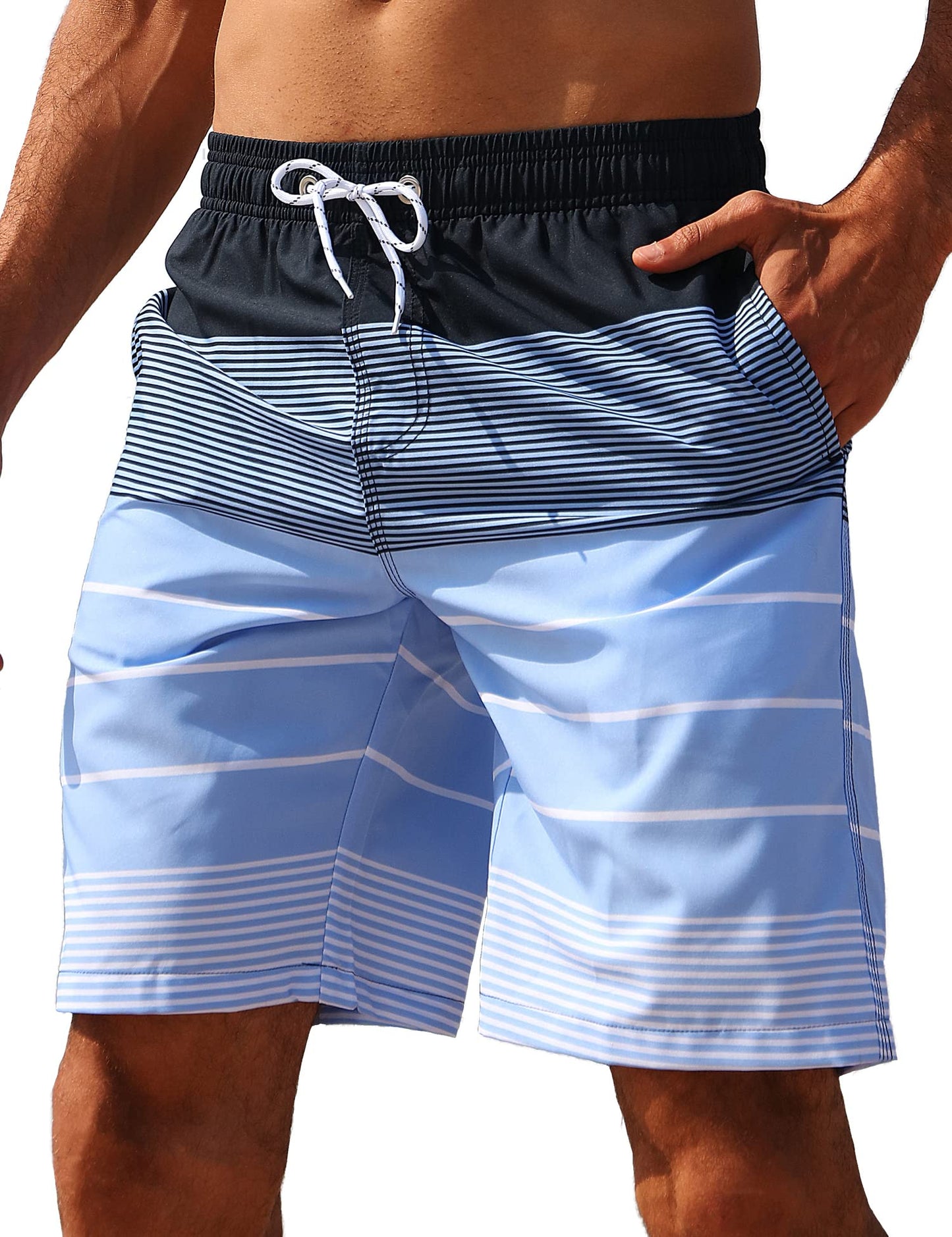 ELETOP Men's Swim Trunks Quick Dry Bathing Suit Swimming Board Shorts Mesh Lining Beach Swimwear Stripe Blue XL
