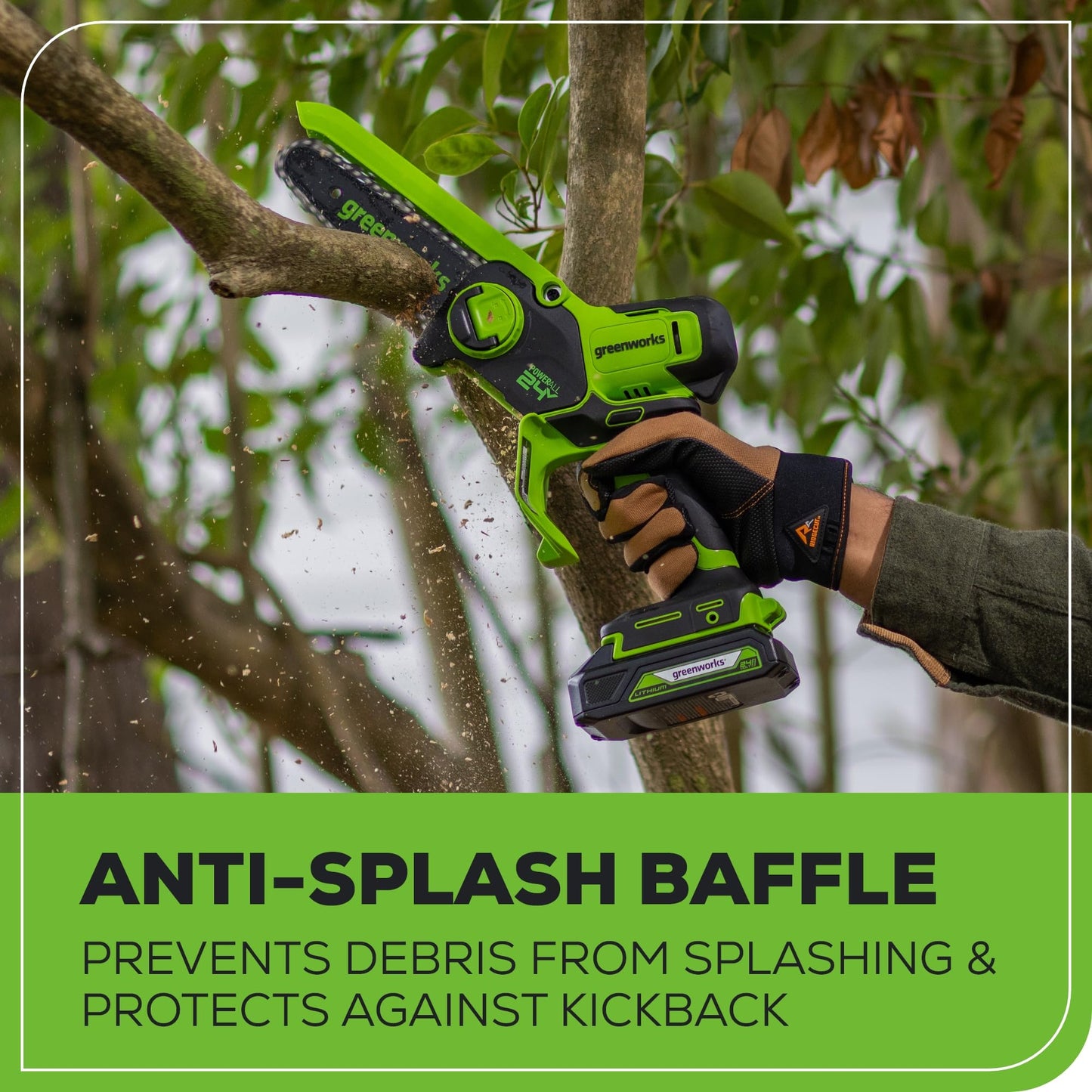 Greenworks 24V 6" Mini Chainsaw Cordless , Small Cordless Handheld Saw, 2.0Ah Battery and Charger Included, for Tree Trimming and Pruning
